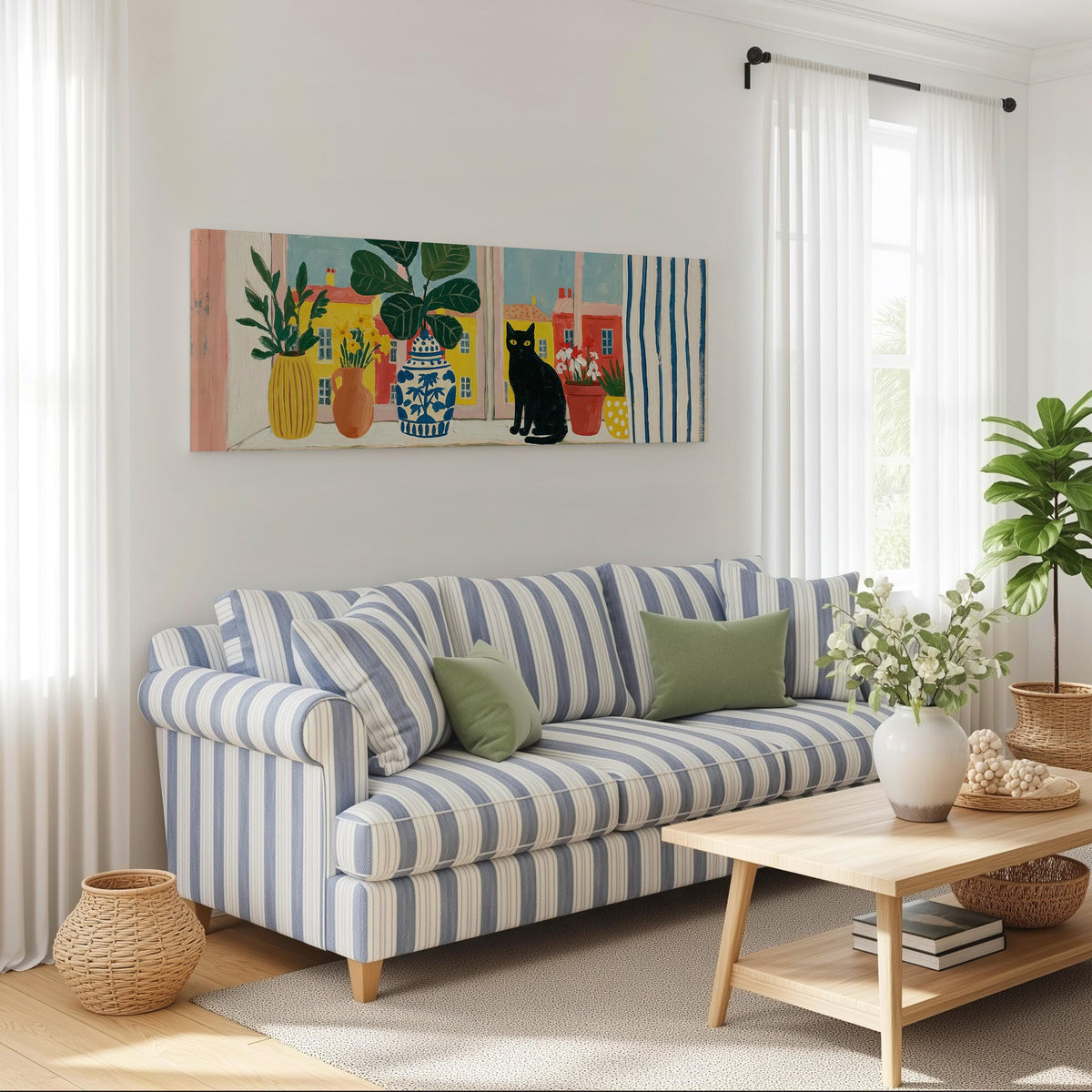 Black cat on a windowsill overlooking a colorful village long horizontal canvas print above a striped sofa in a coastal living room