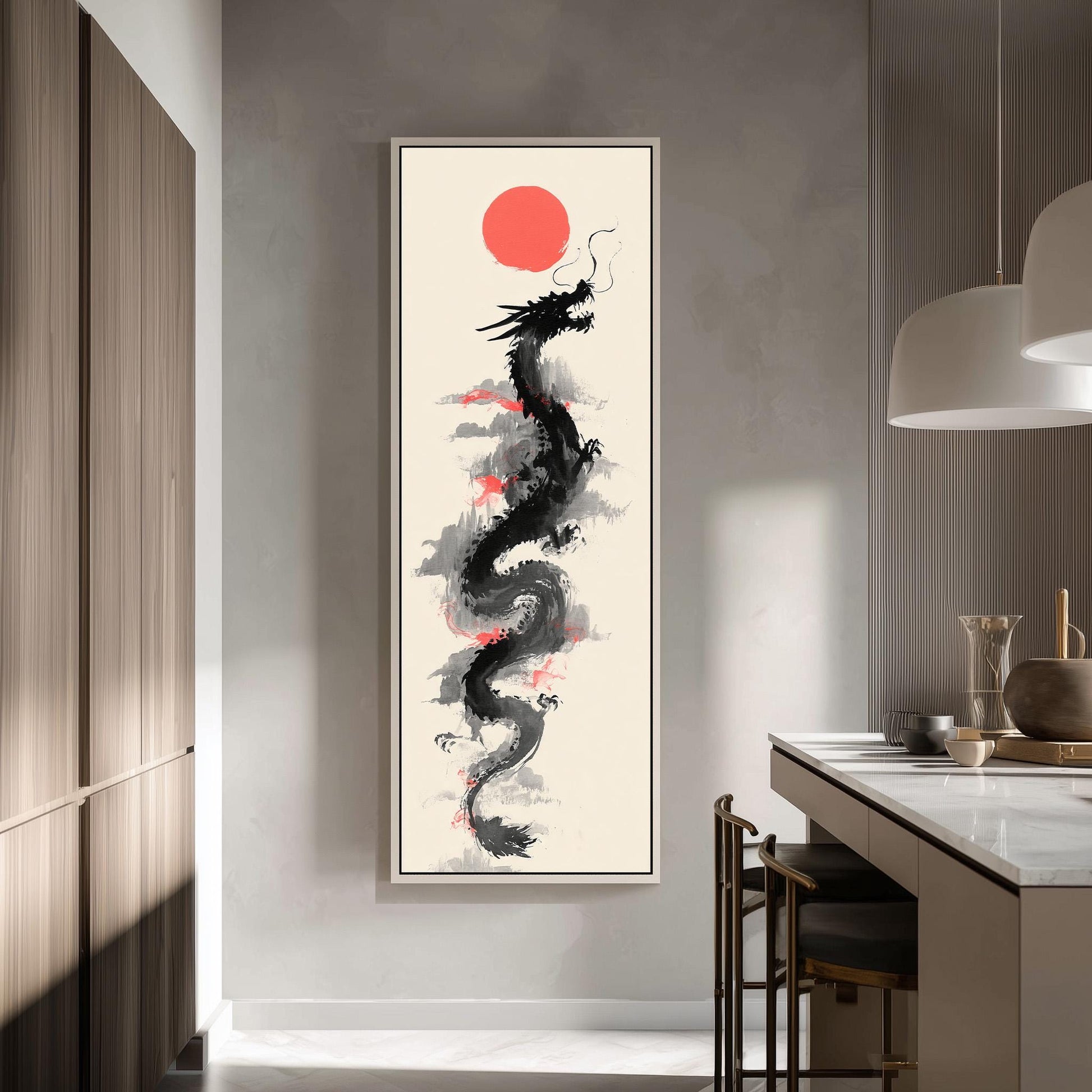 a large, abstract painting of a dragon with a red sun in the background, hanging on a wall in a modern, minimalist kitchen setting.
