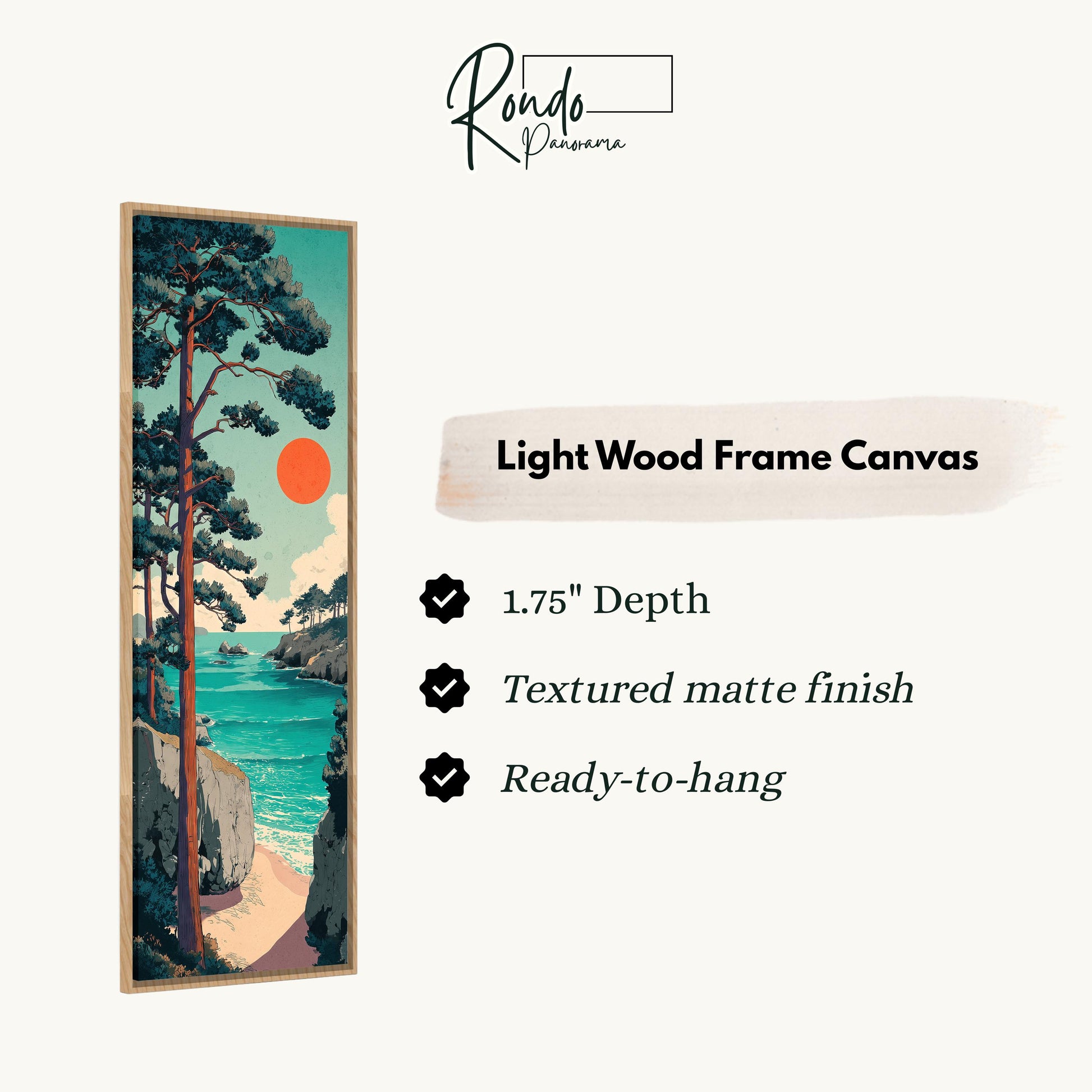 The image is a light wood frame canvas depicting a serene landscape with a beach, trees, and a body of water.