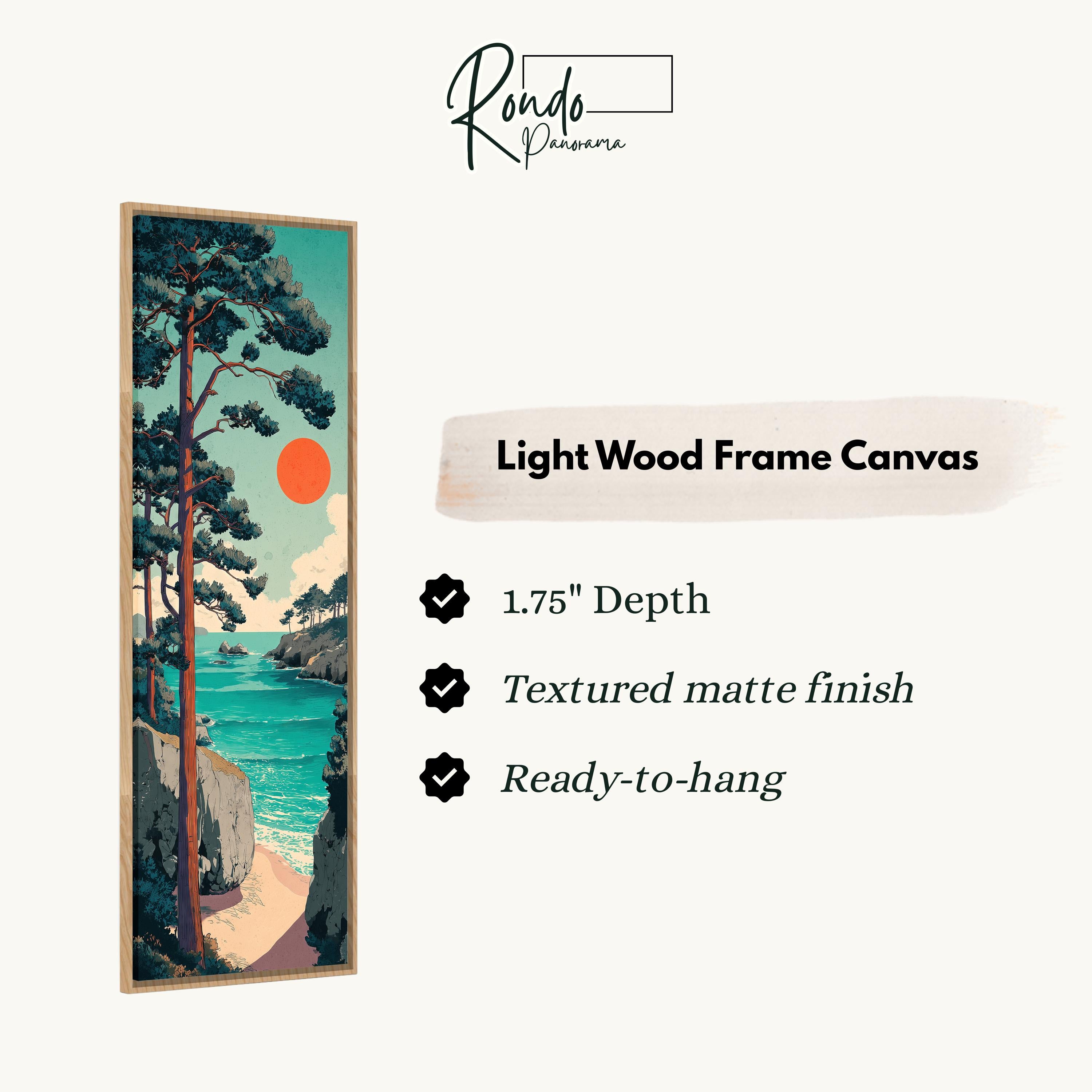 The image is a light wood frame canvas depicting a serene landscape with a beach, trees, and a body of water.