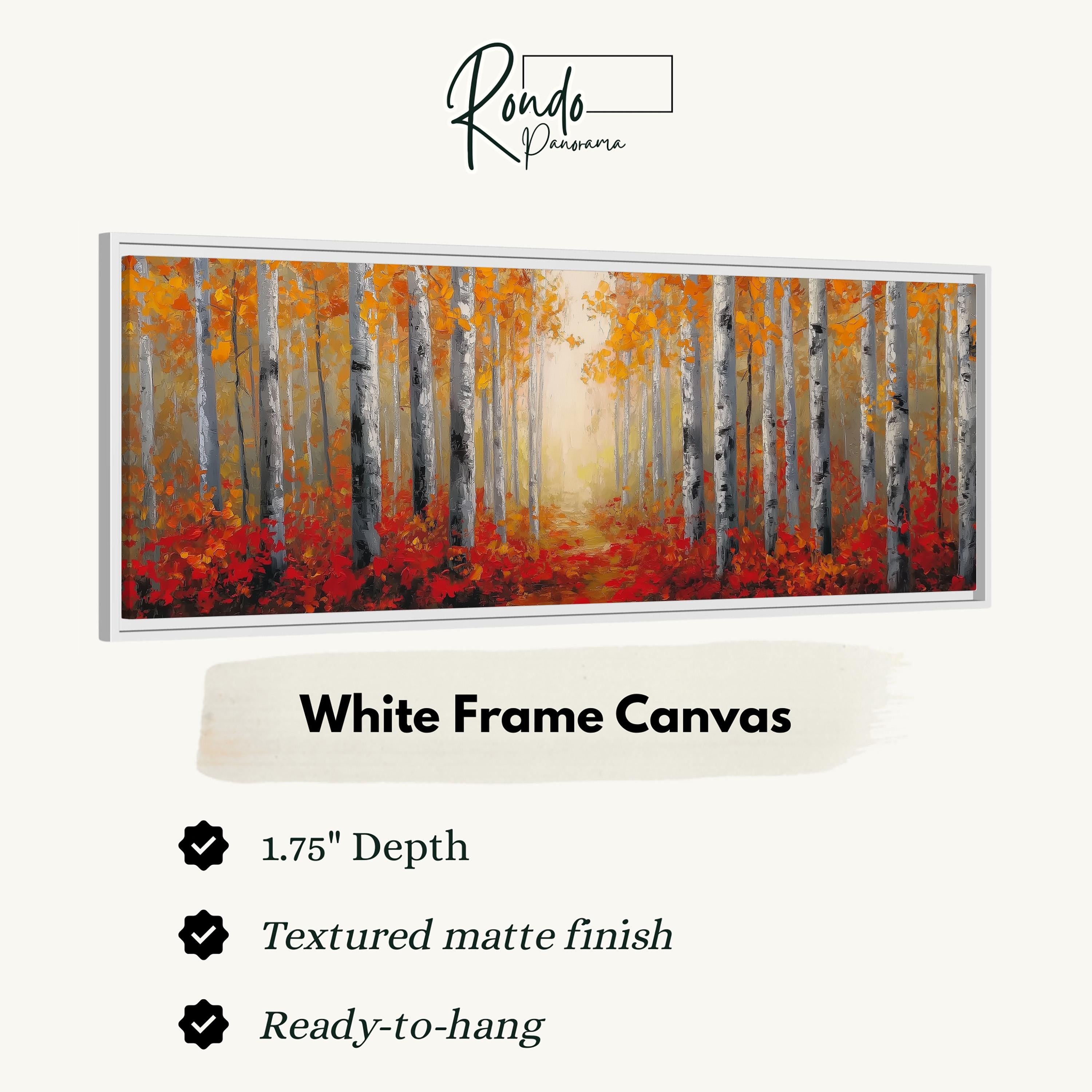 The image is a white frame canvas depicting a forest with tall trees and red leaves.