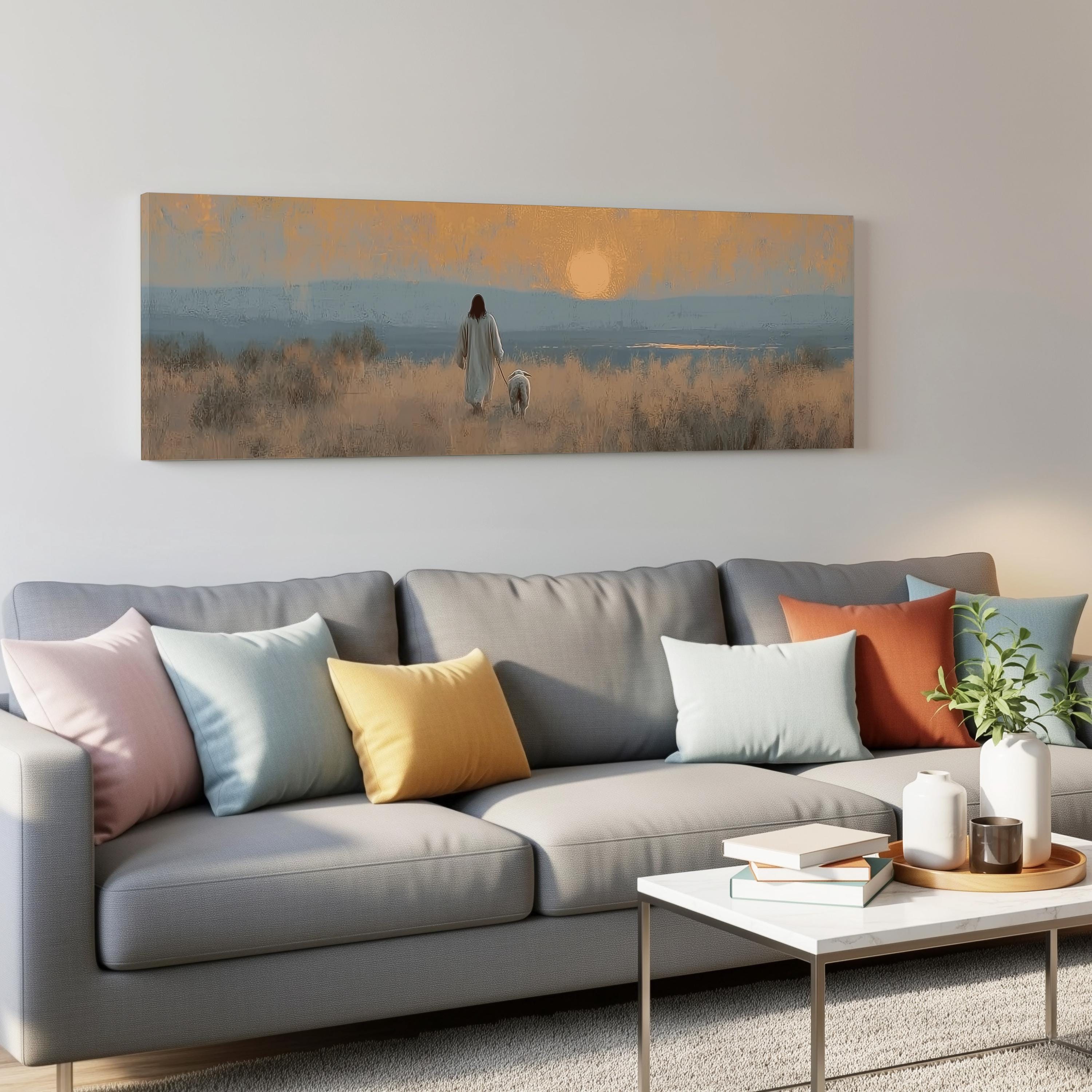 a living room with a gray couch adorned with colorful throw pillows, a coffee table, and a painting of a person walking a dog in a field with a sunset in the background.