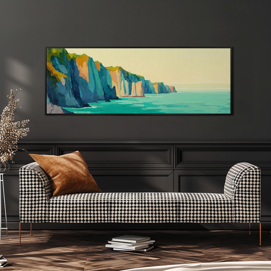 a large, colorful painting of a cliff overlooking the ocean, hanging on a wall above a brown sofa.