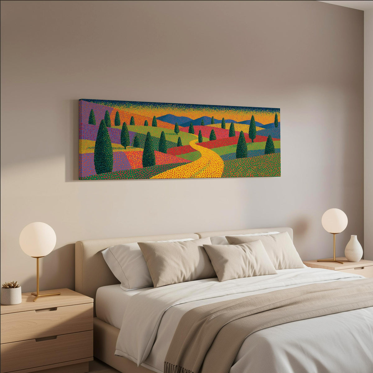 Cypress valley with a winding road wide panoramic canvas print above a bed in a neutral bedroom