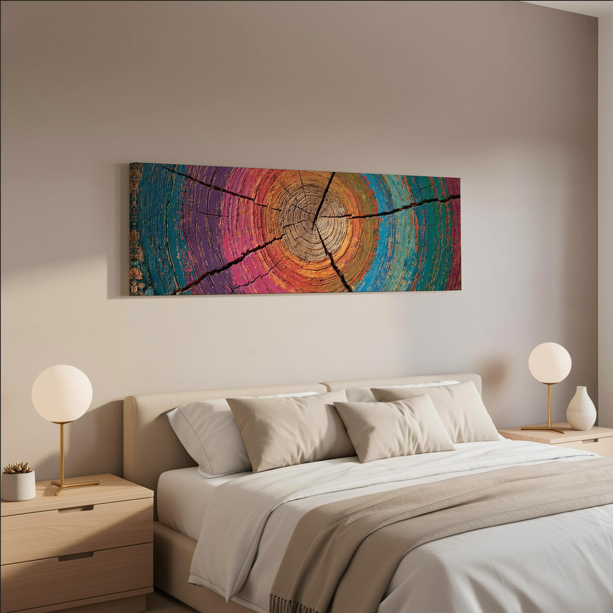 Rainbow tree ring wide panoramic canvas print above a bed in a neutral bedroom