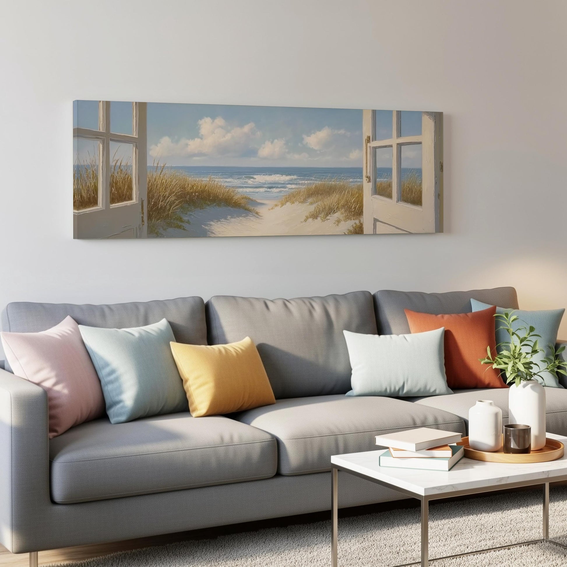 a living room with a gray sofa adorned with colorful throw pillows, a coffee table, and a painting of a beach scene hanging on the wall above the sofa.