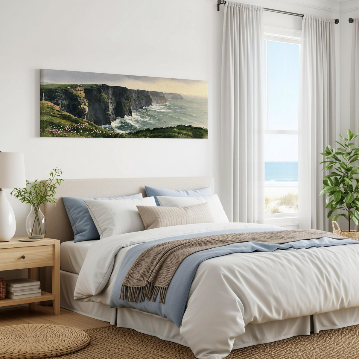 Green sea cliffs with wildflowers panoramic canvas print above a bed in a coastal bedroom