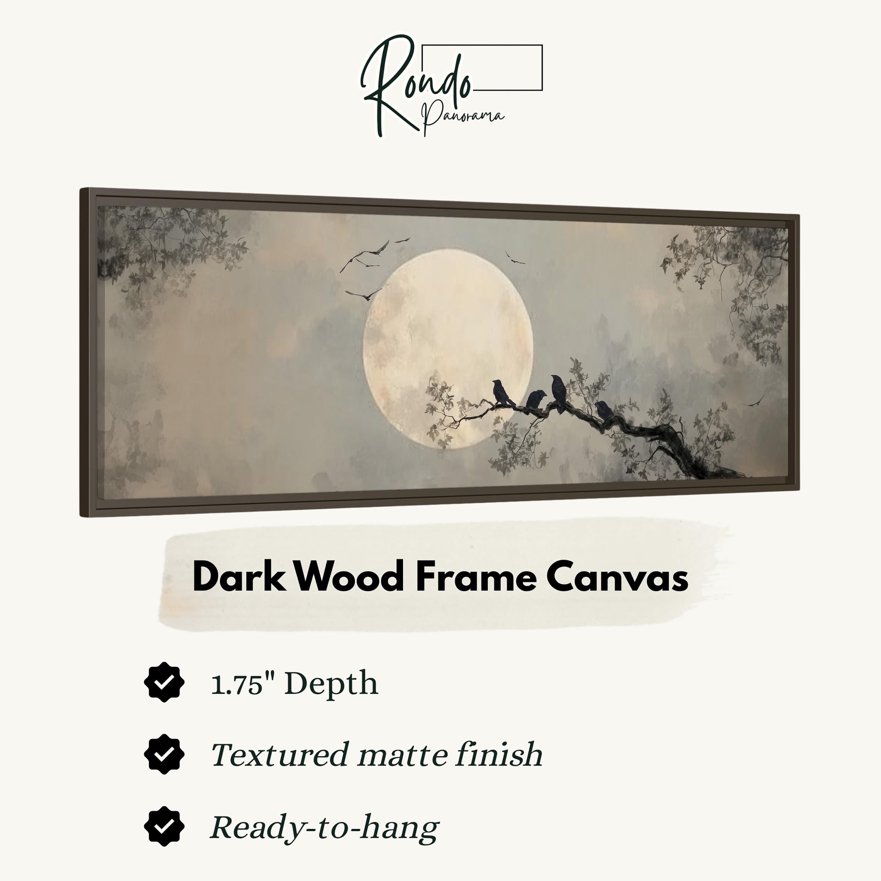 The image is a dark wood frame canvas depicting a moonlit night scene with silhouetted trees and birds perched on a branch.