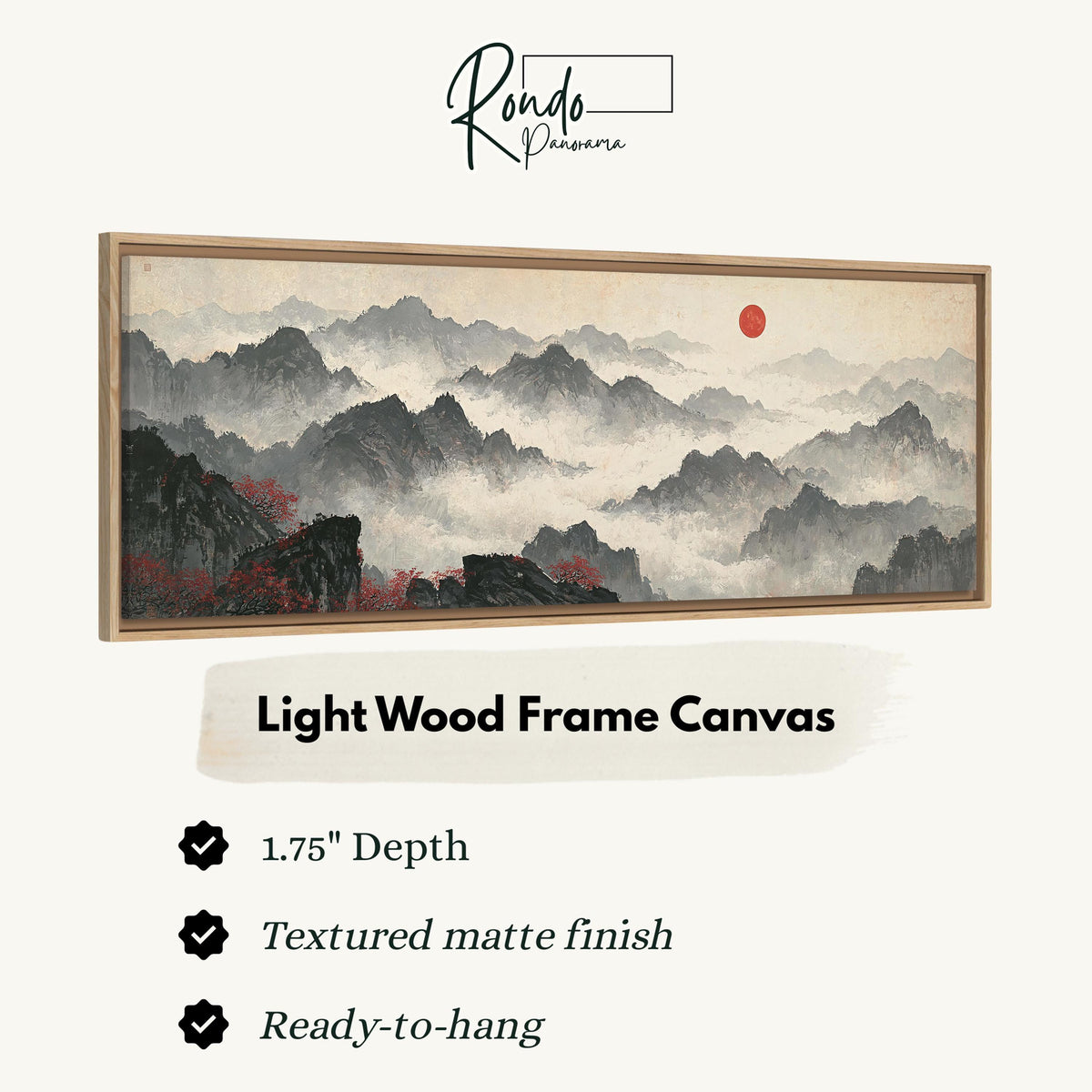 Misty ink mountains under a red sun canvas print in a light wood floating frame