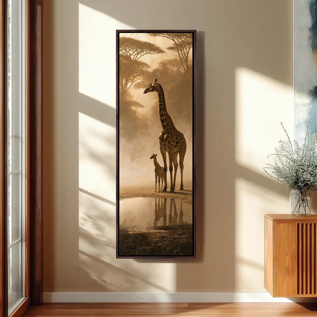 Giraffe and calf at a misty waterhole long vertical canvas print in a sunlit living space