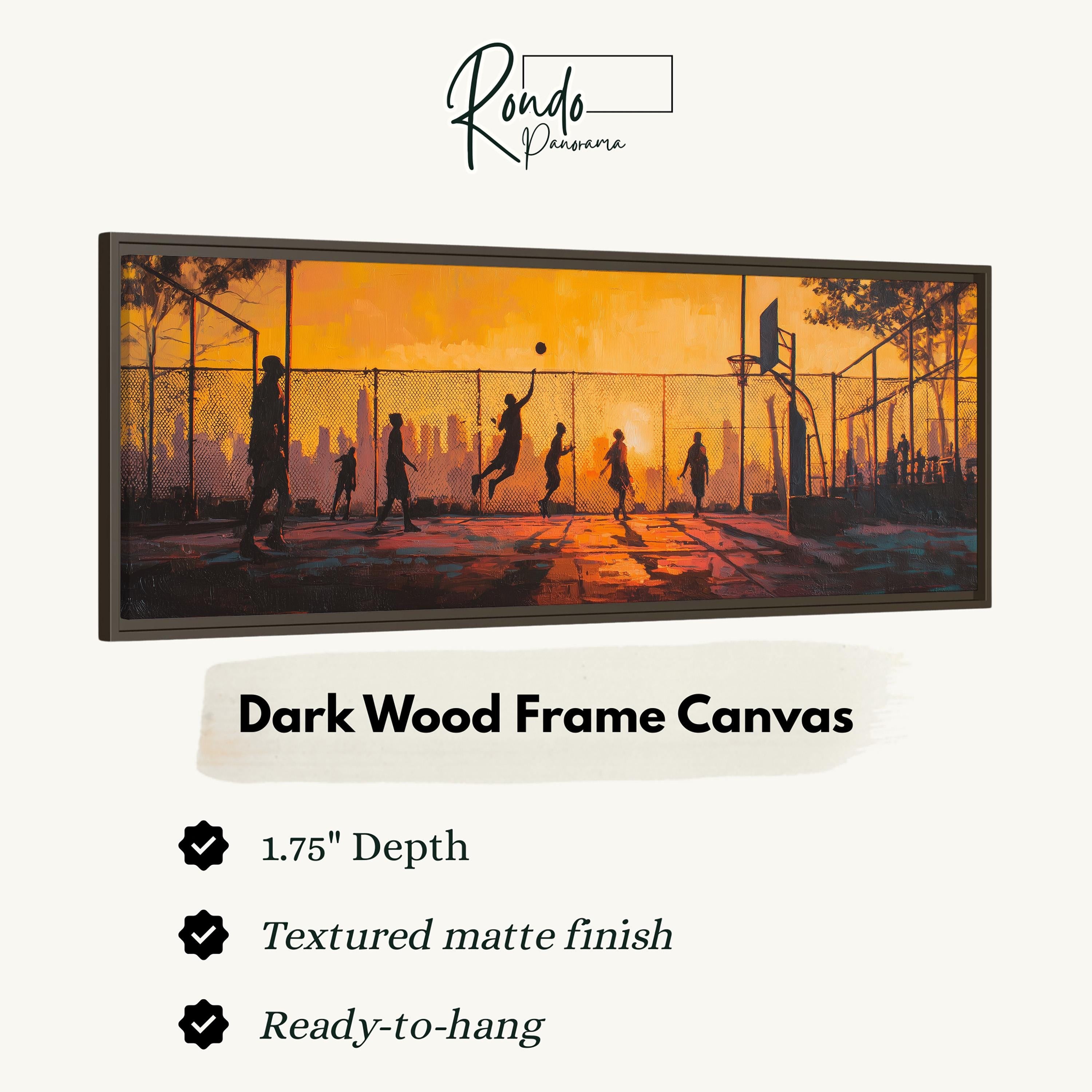 The image is a framed canvas depicting a basketball game with silhouettes of players on the court.