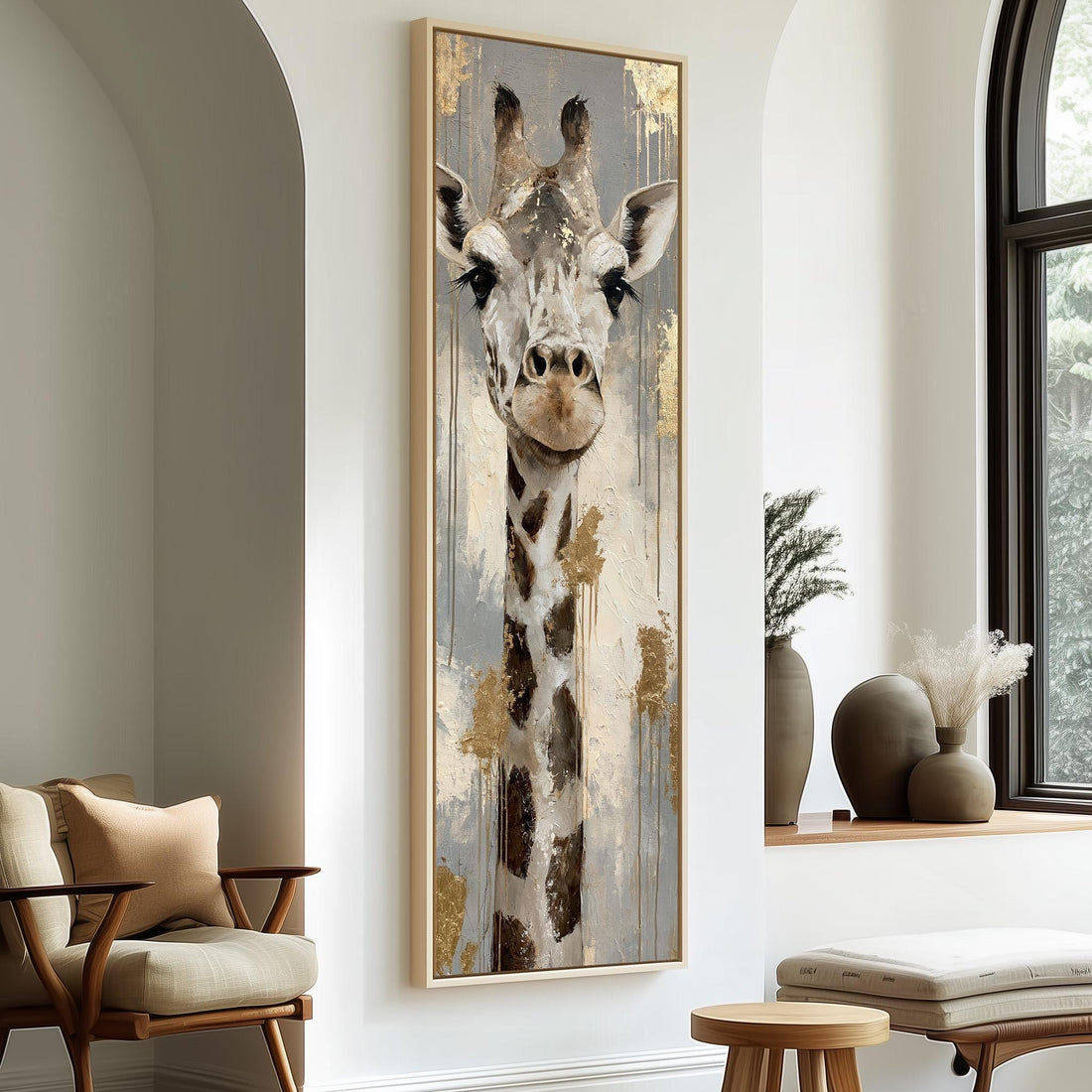 Giraffe portrait with gold leaf accents long vertical canvas print in a sunlit living space