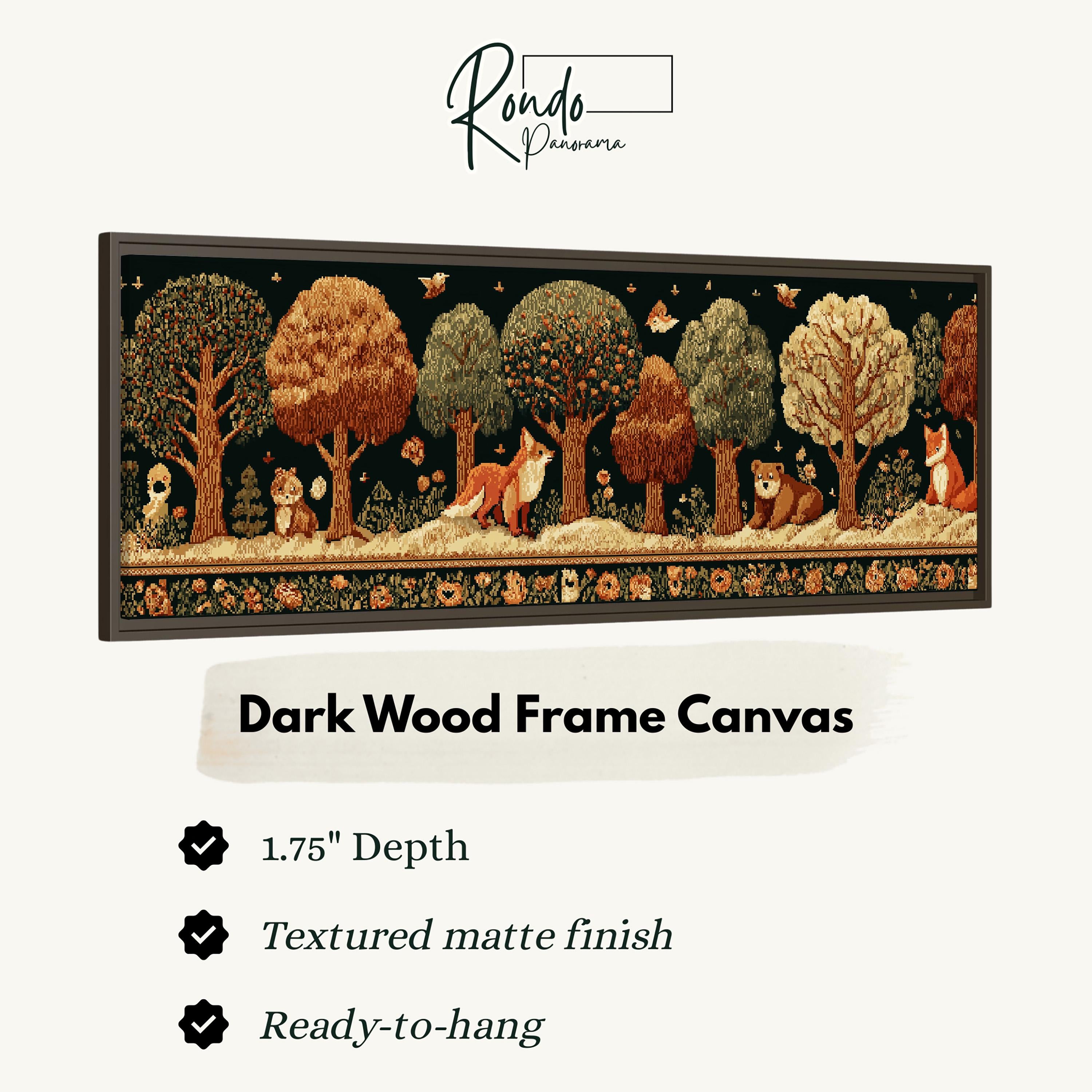 The image is a framed canvas depicting a forest scene with various animals, including foxes, deer, and birds. The frame is described as a dark wood frame with a 1.75" depth, a textured matte finish, and is ready to hang.