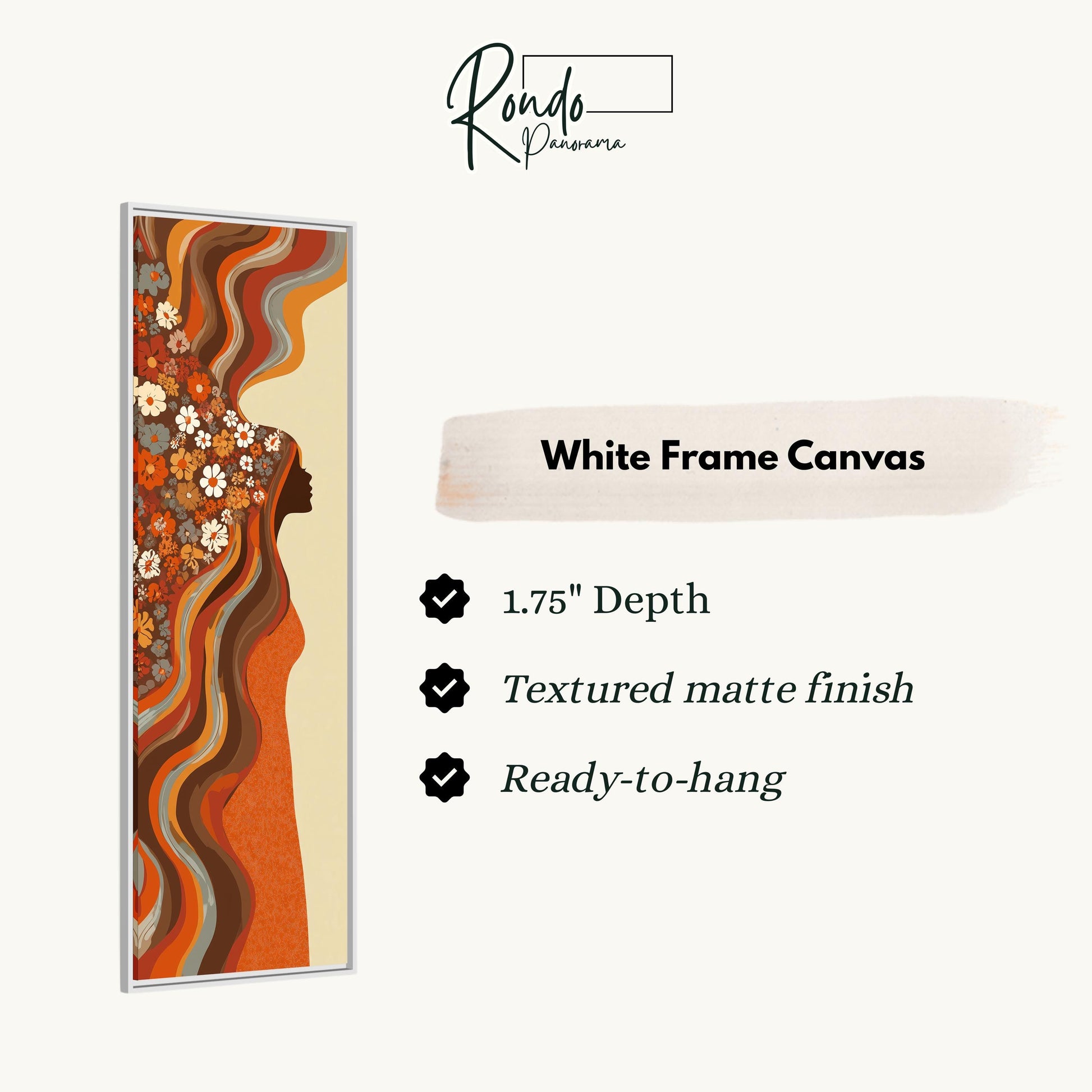 The image is a white frame canvas with a woman's profile on it, and it is described as a 1.75" depth canvas with a textured matte finish and a ready-to-hang feature.