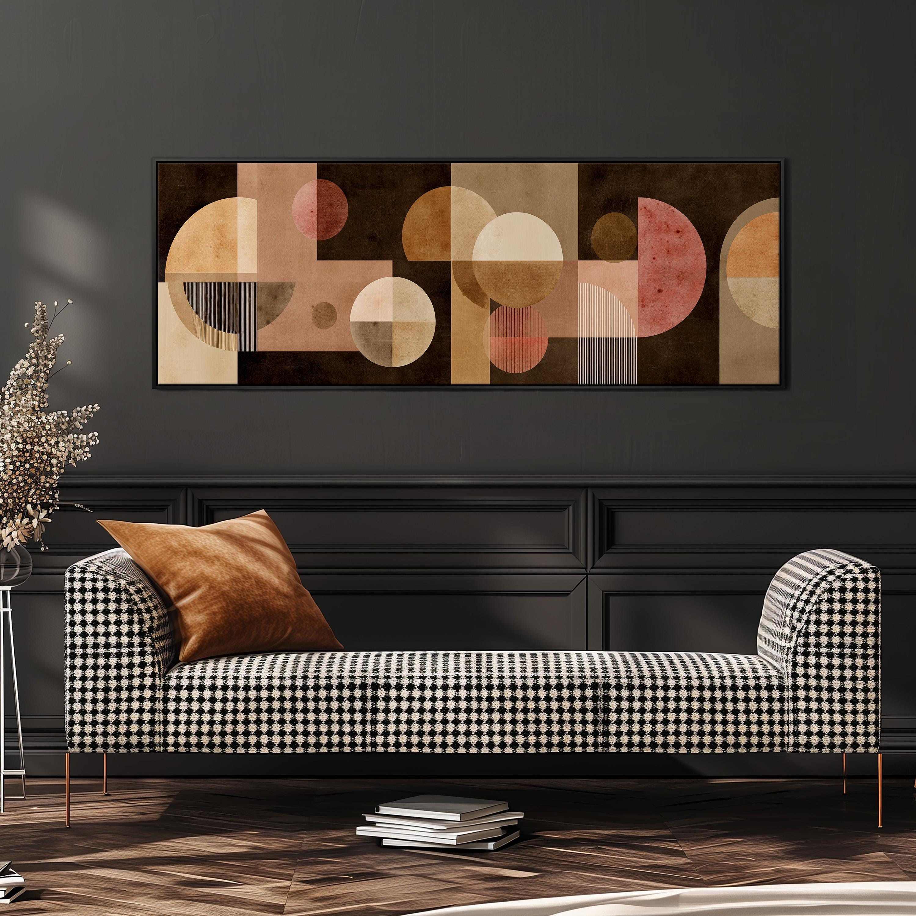 a modern living room with a black and white checkered sofa, a stack of books, and a large abstract painting on the wall above the sofa.