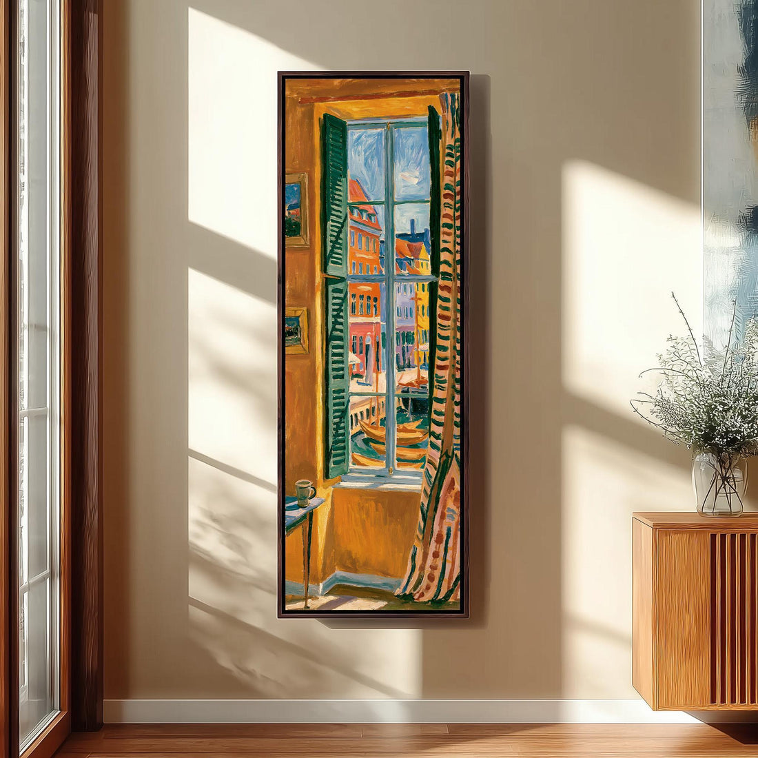 Copenhagen harbor through a tall golden window long vertical canvas print in a sunlit living space