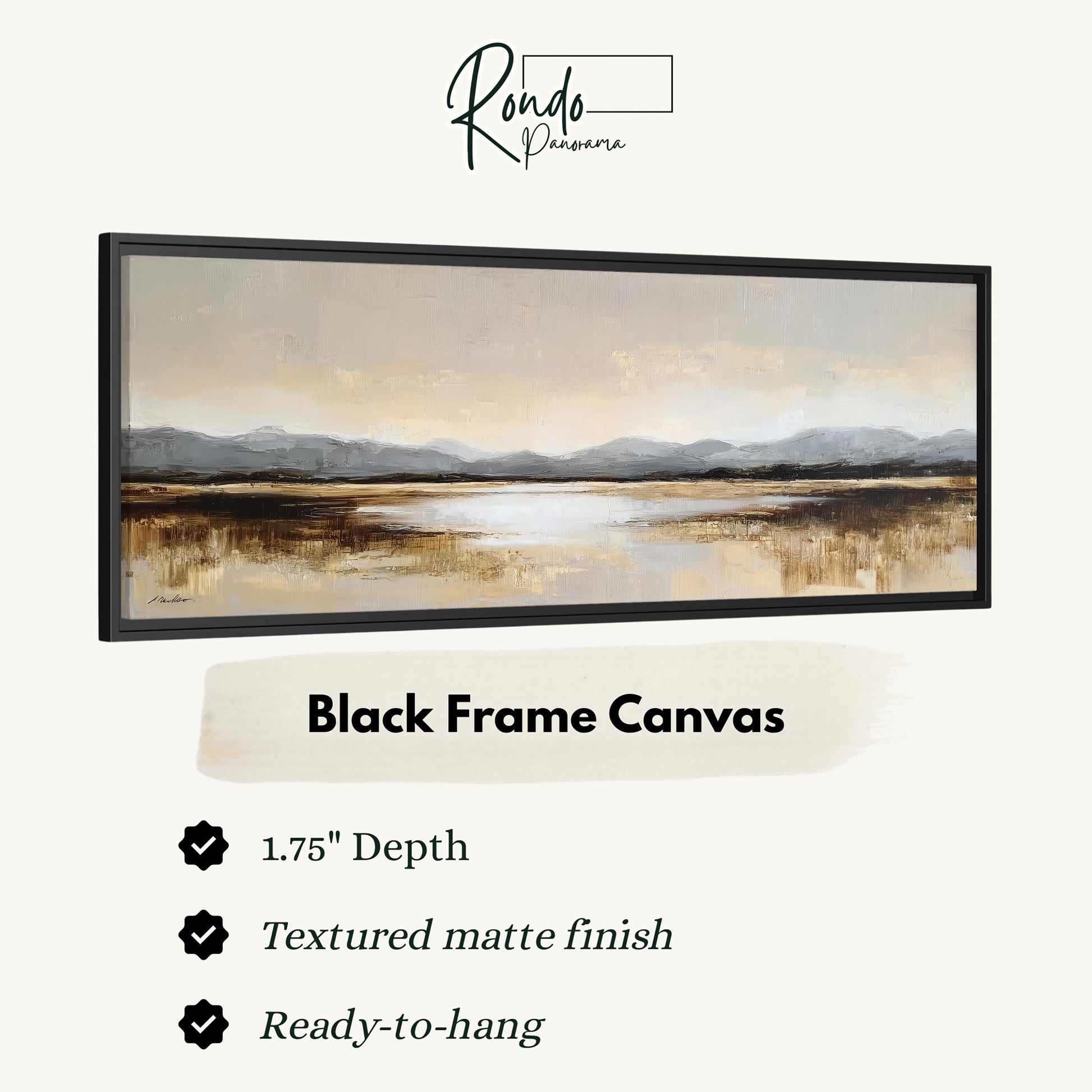 The image is a black frame canvas depicting a landscape with mountains and a lake.