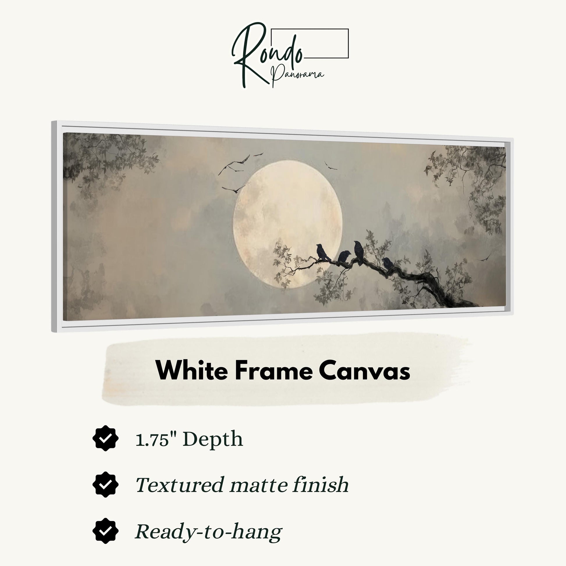 The image is a white frame canvas depicting a night scene with a full moon, silhouetted trees, and birds perched on a branch.