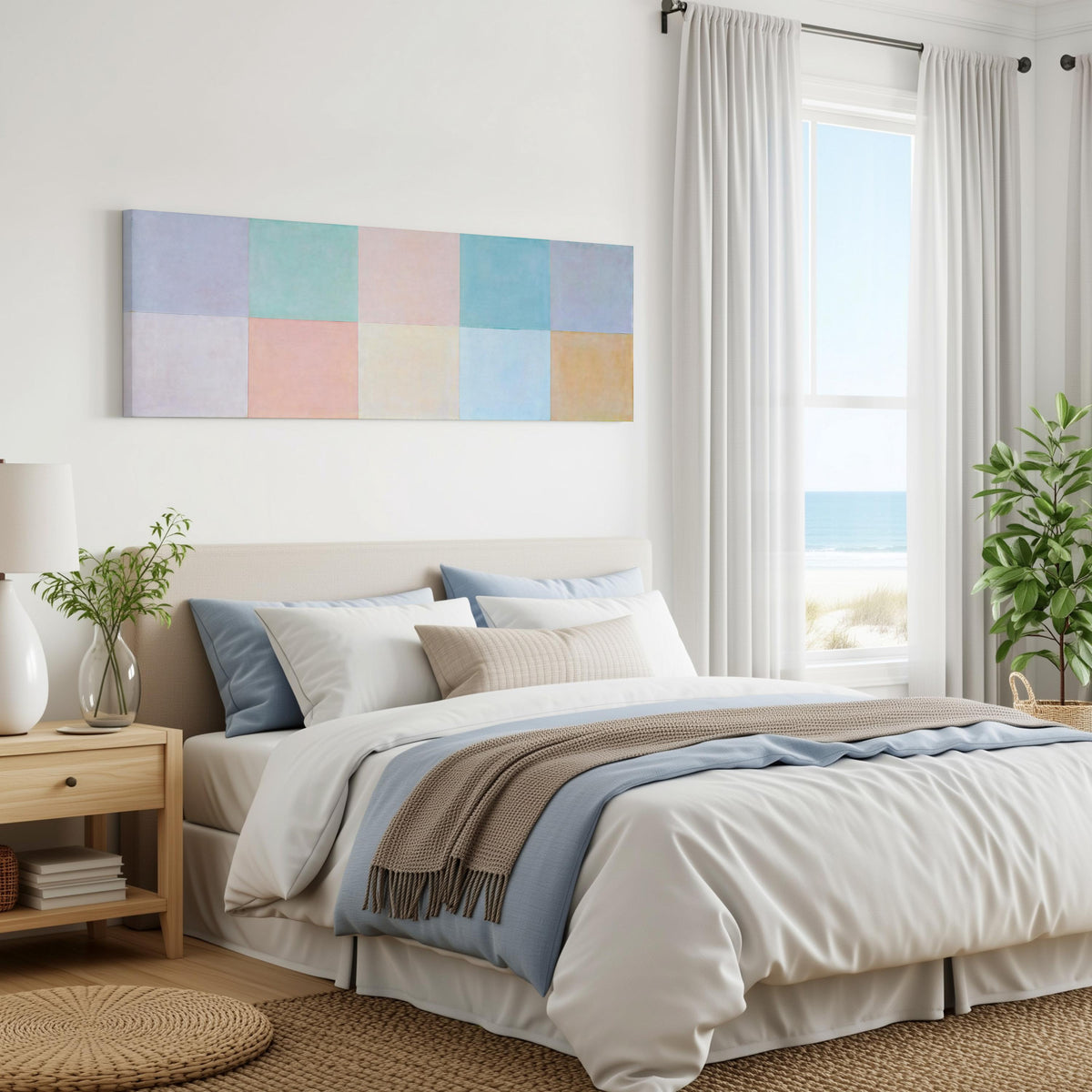 Pastel checkerboard grid panoramic canvas print above a bed in a coastal bedroom
