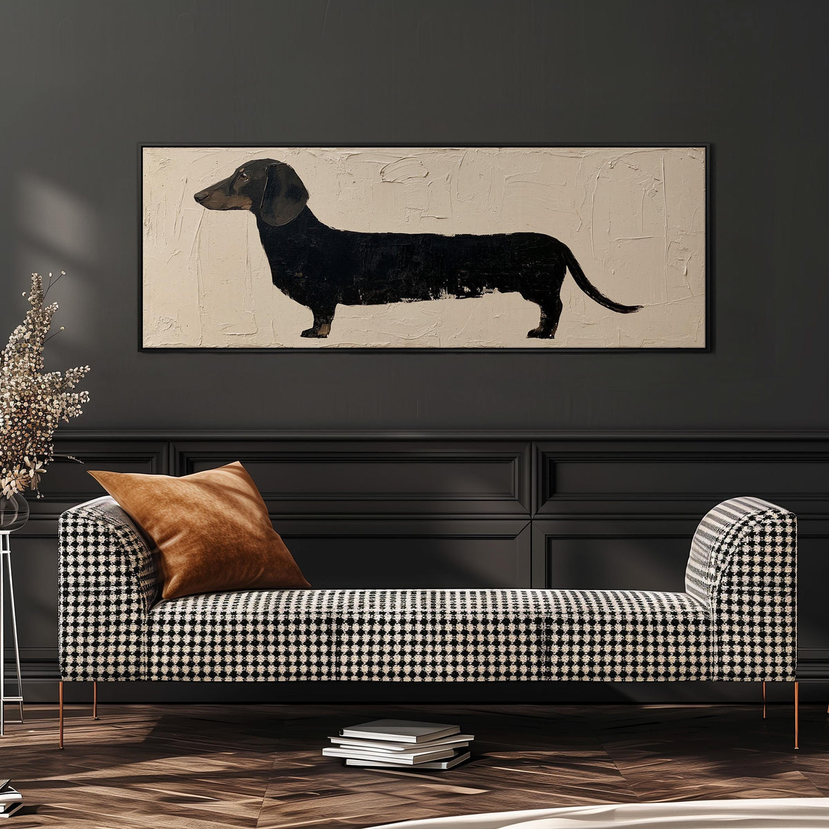 Black dachshund silhouette wide panoramic canvas print above a bench in a dark living room