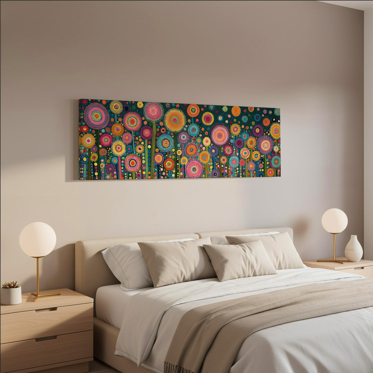 Circle flower garden on teal wide panoramic canvas print above a bed in a neutral bedroom