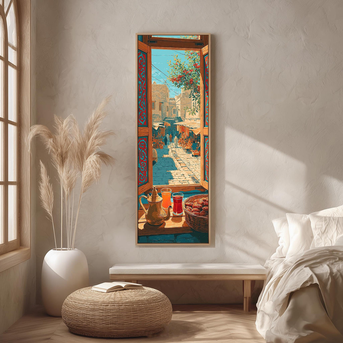 Moroccan market street seen from a window with tea long vertical canvas print in a bright reading corner