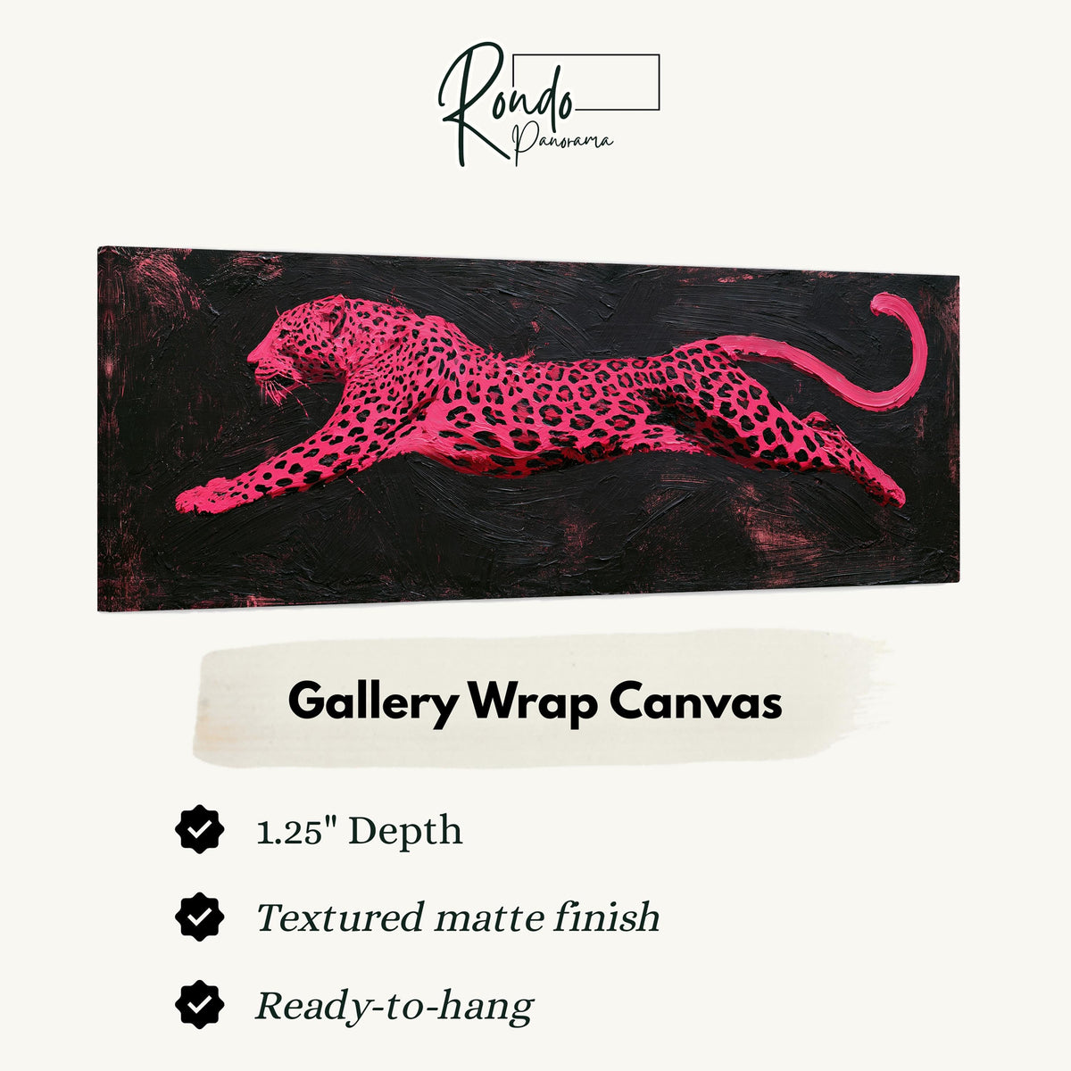 Pink leaping leopard gallery wrap canvas with the image wrapped around the edges