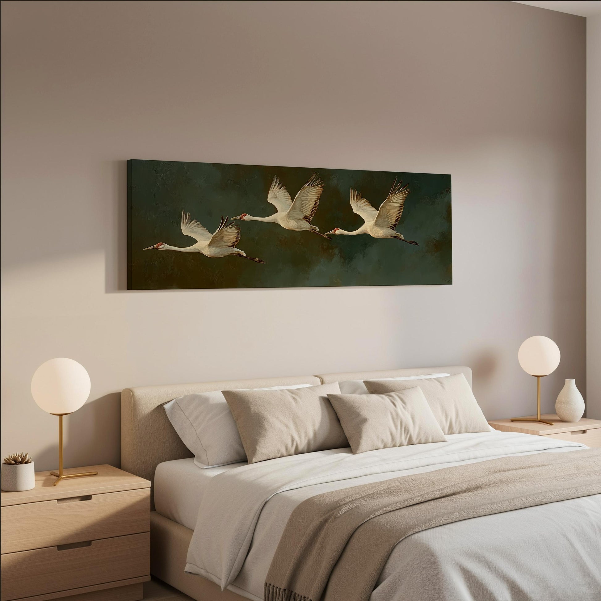 a serene bedroom scene with a large bed, two nightstands with lamps, and a painting of three swans in flight above the bed.