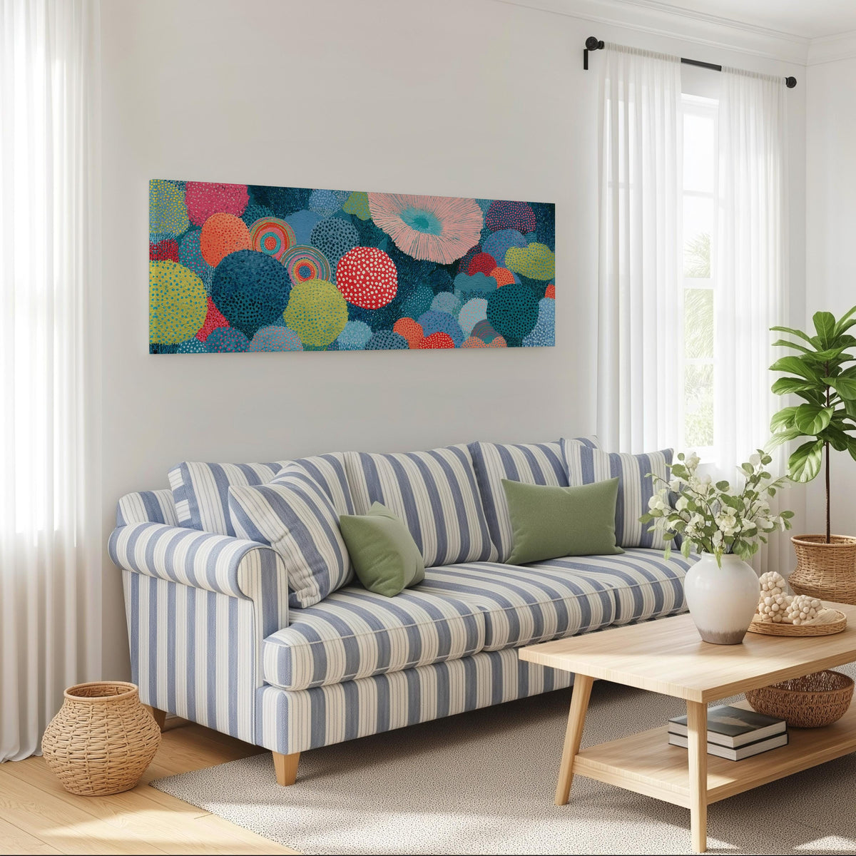 Coral spirals and dotted circles long horizontal canvas print above a striped sofa in a coastal living room