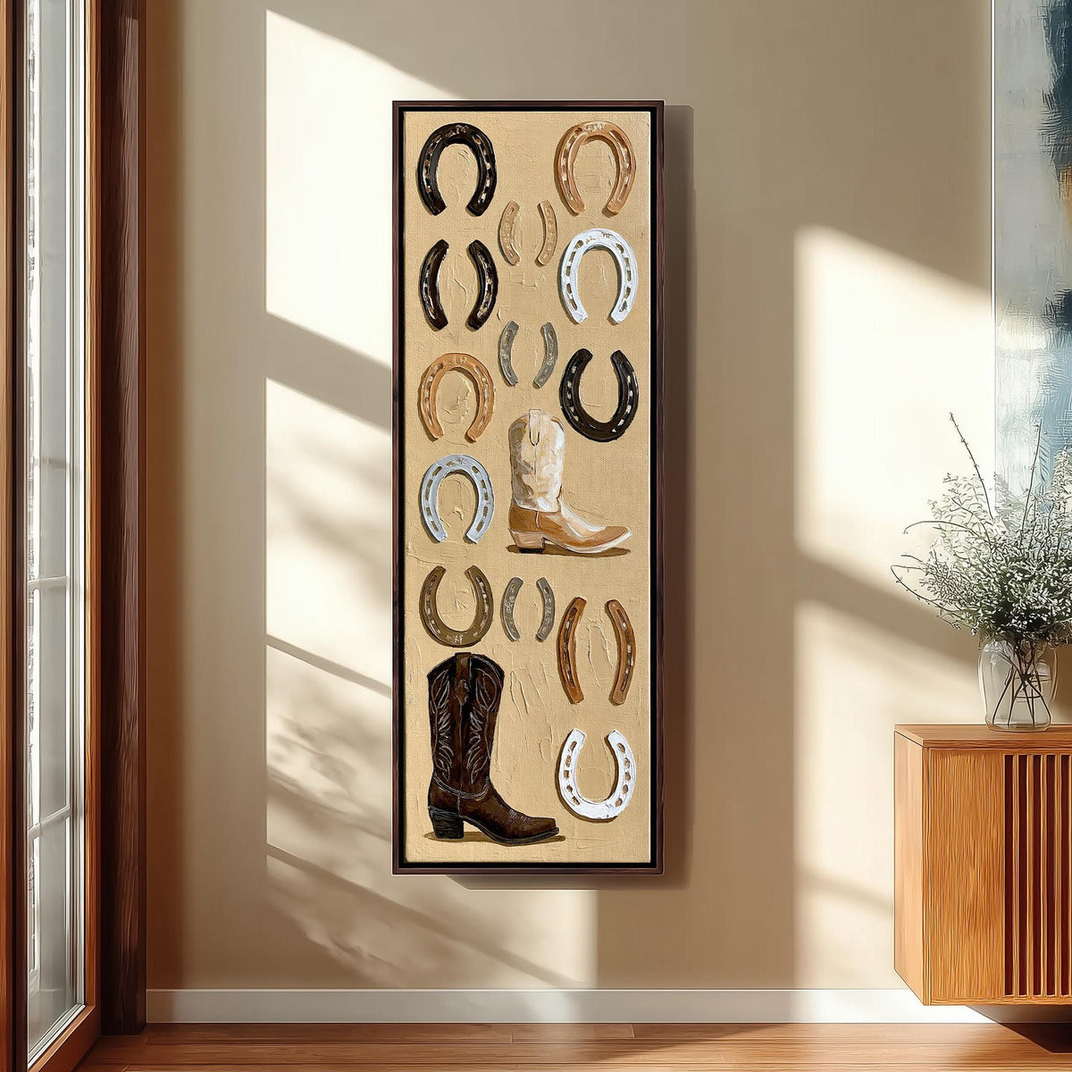 Horseshoes and cowboy boots flat lay tall skinny canvas print in a sunlit living space