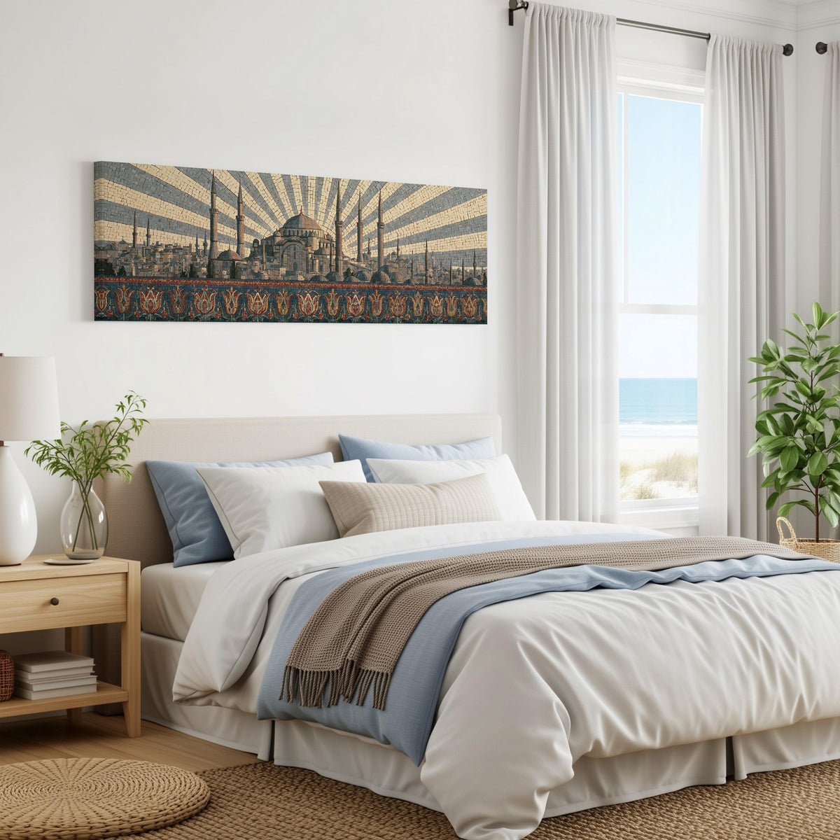 Istanbul skyline at sunrise panoramic canvas print above a bed in a coastal bedroom