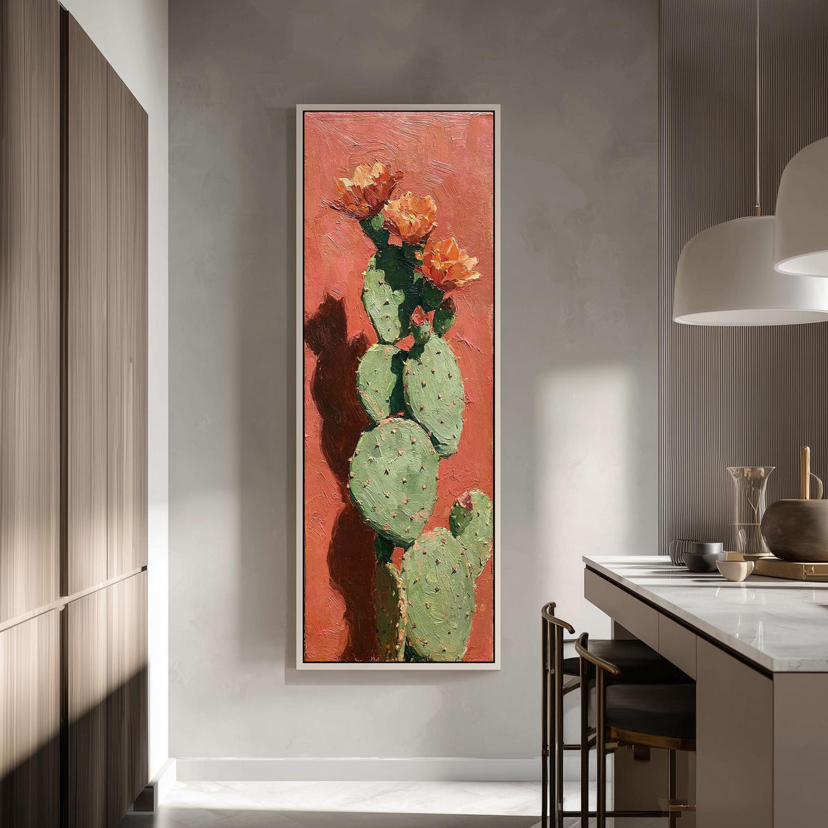 Blooming prickly pear cactus tall skinny canvas print in a modern kitchen