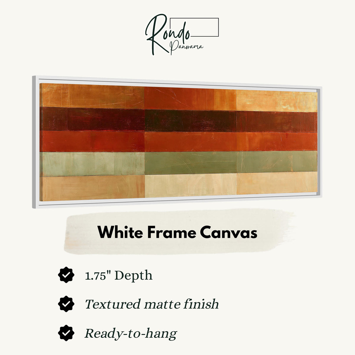 Amber, rust and sage horizontal color bands canvas print in a white floating frame