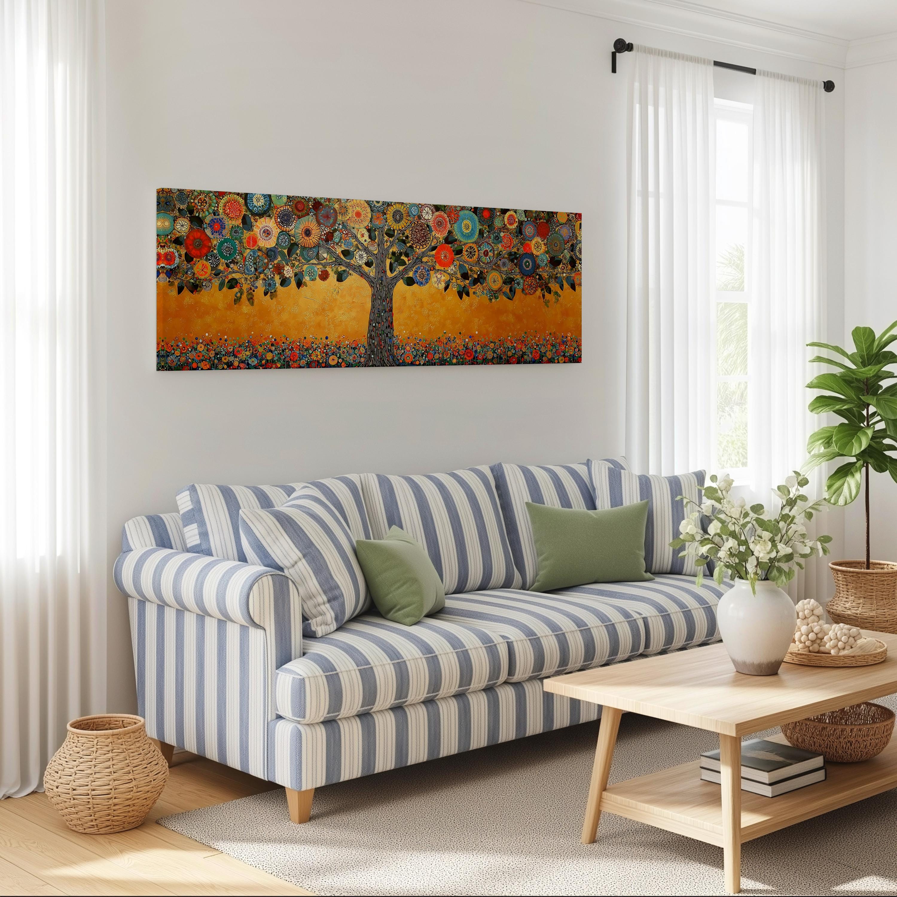 a cozy living room with a striped blue and white sofa, a wooden coffee table, and a large painting of a tree with colorful flowers hanging on the wall above the sofa.