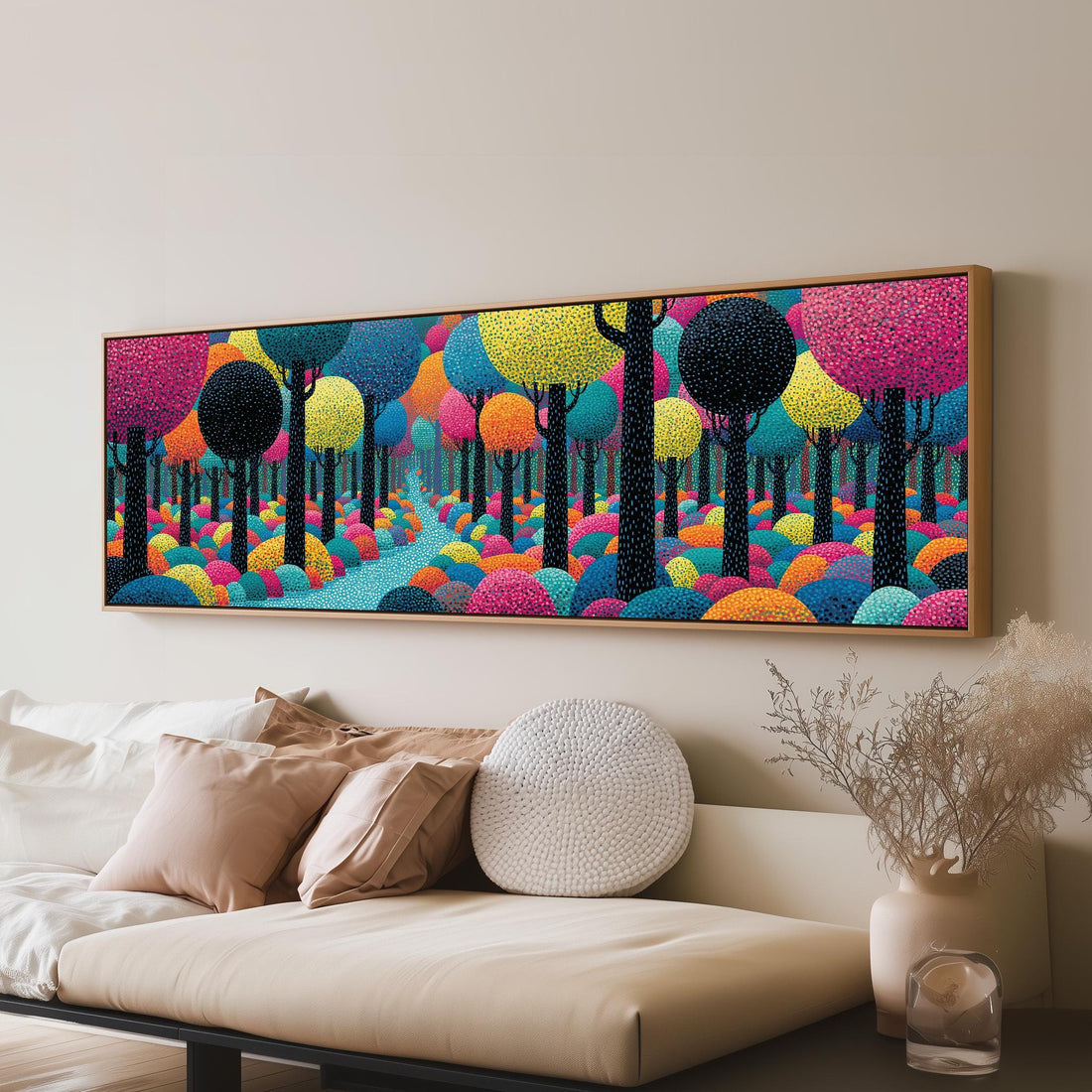 Colorful dotted forest path long horizontal canvas print above a sofa in a living room