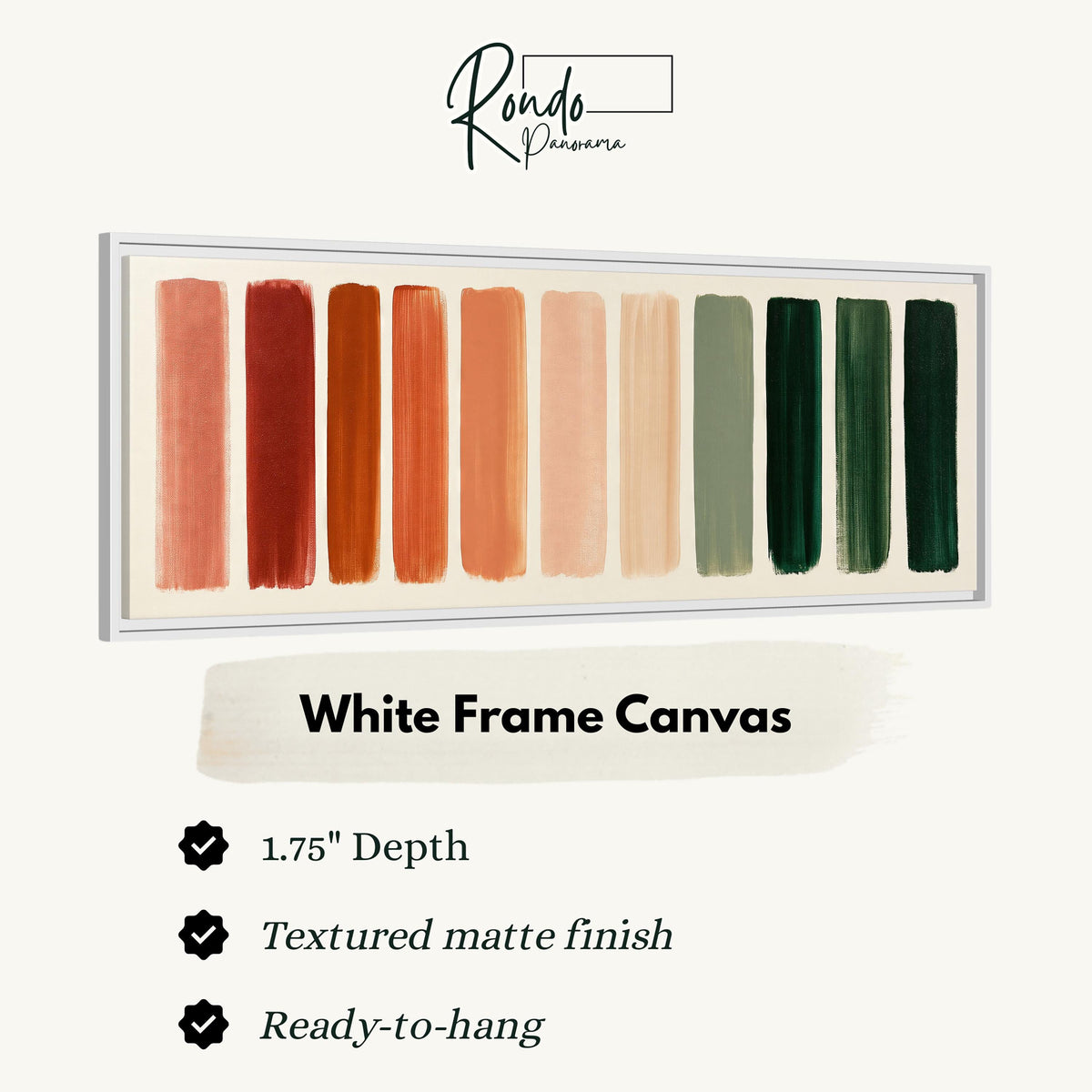 Brushed swatches from terracotta to forest green canvas print in a white floating frame