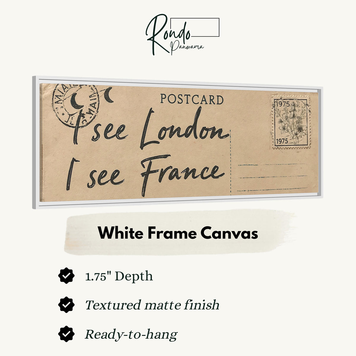 Postcard saying I see London, I see France canvas print in a white floating frame