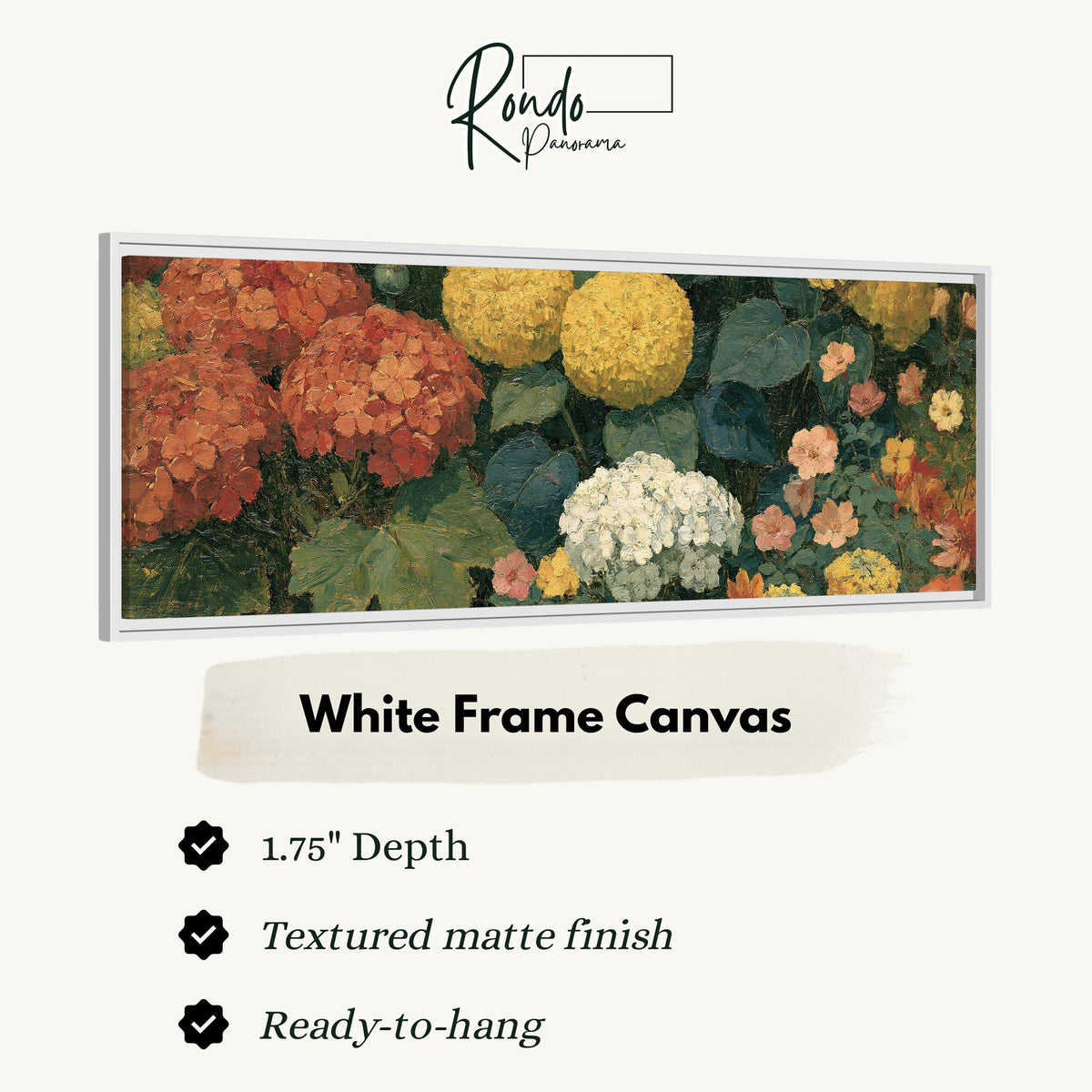 Warm hydrangea and dahlia bouquet canvas print in a white floating frame