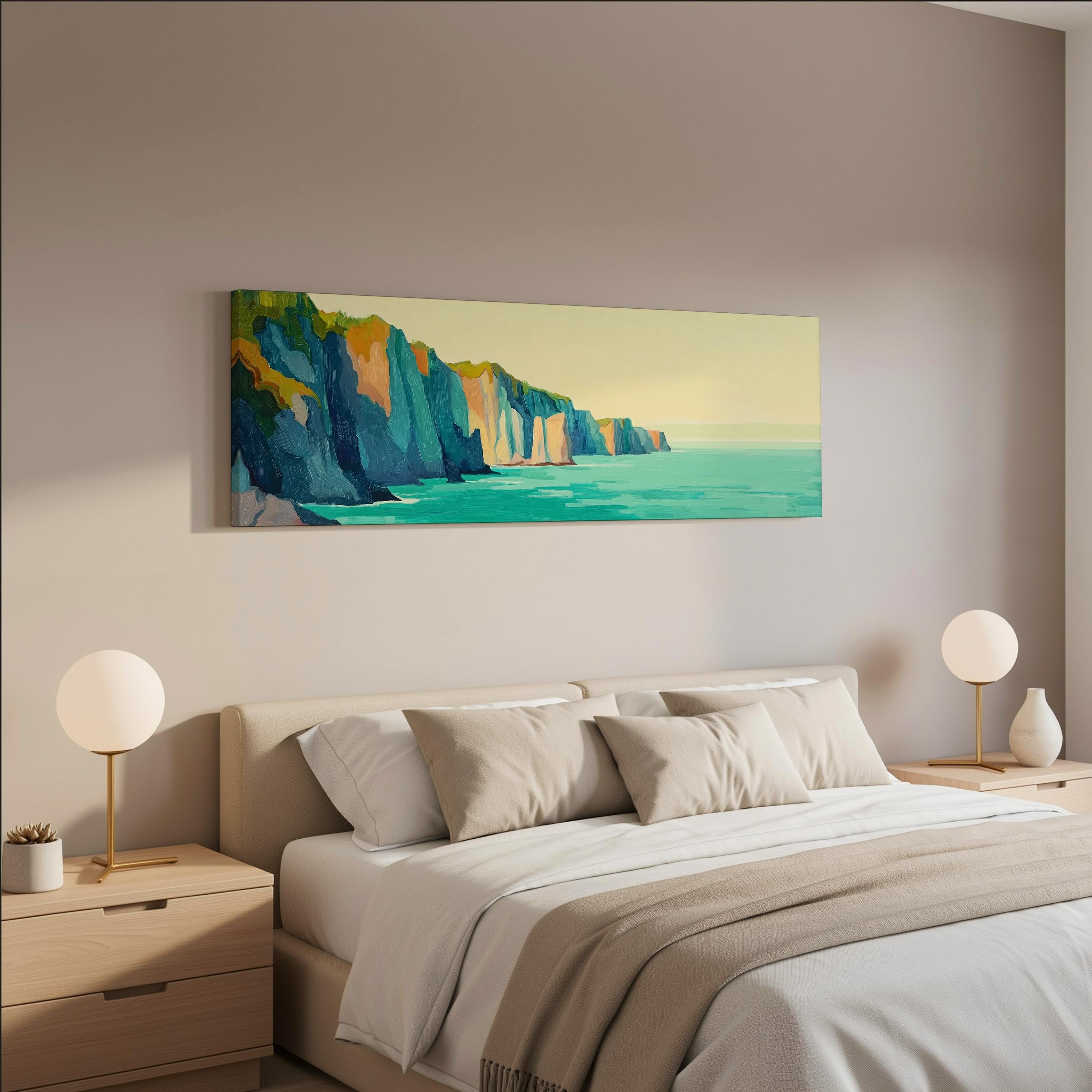 a serene bedroom scene with a large bed, two nightstands with lamps, and a painting of a cliff overlooking the ocean hanging on the wall above the bed.