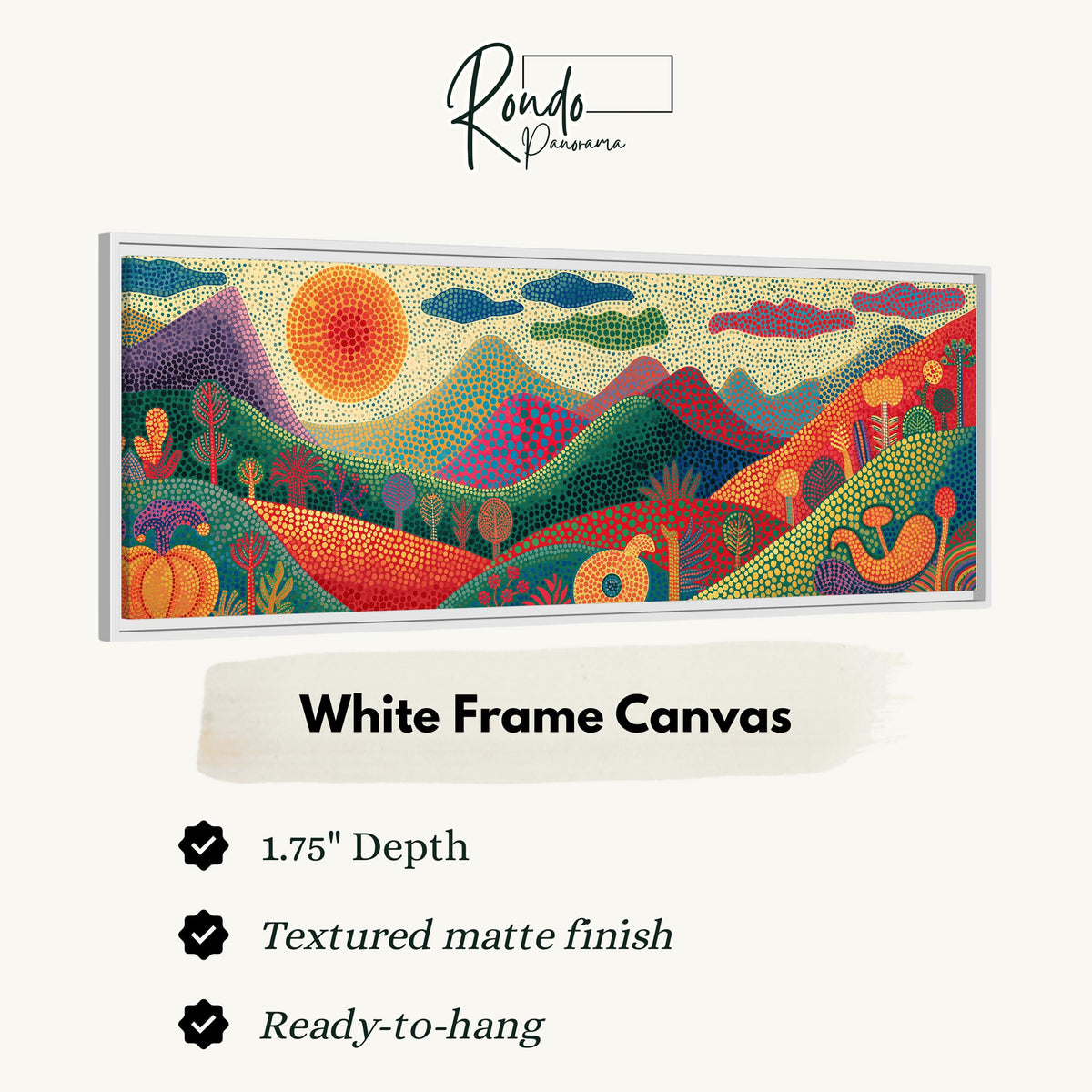 Dotted mountains under a sunburst canvas print in a white floating frame