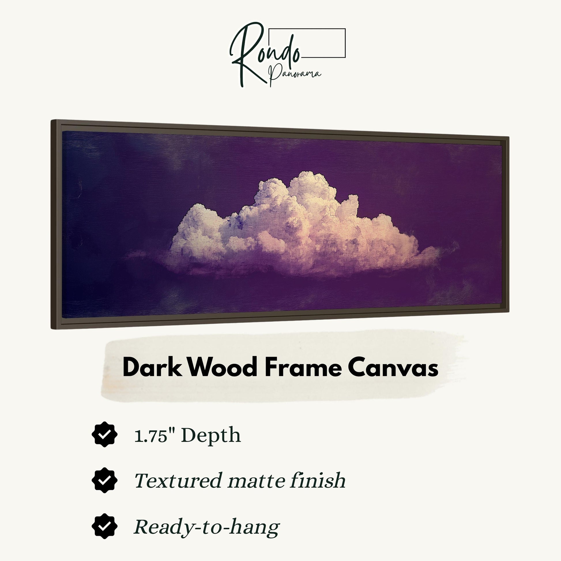 The image is a dark wood frame canvas depicting a large, fluffy cloud against a purple background.