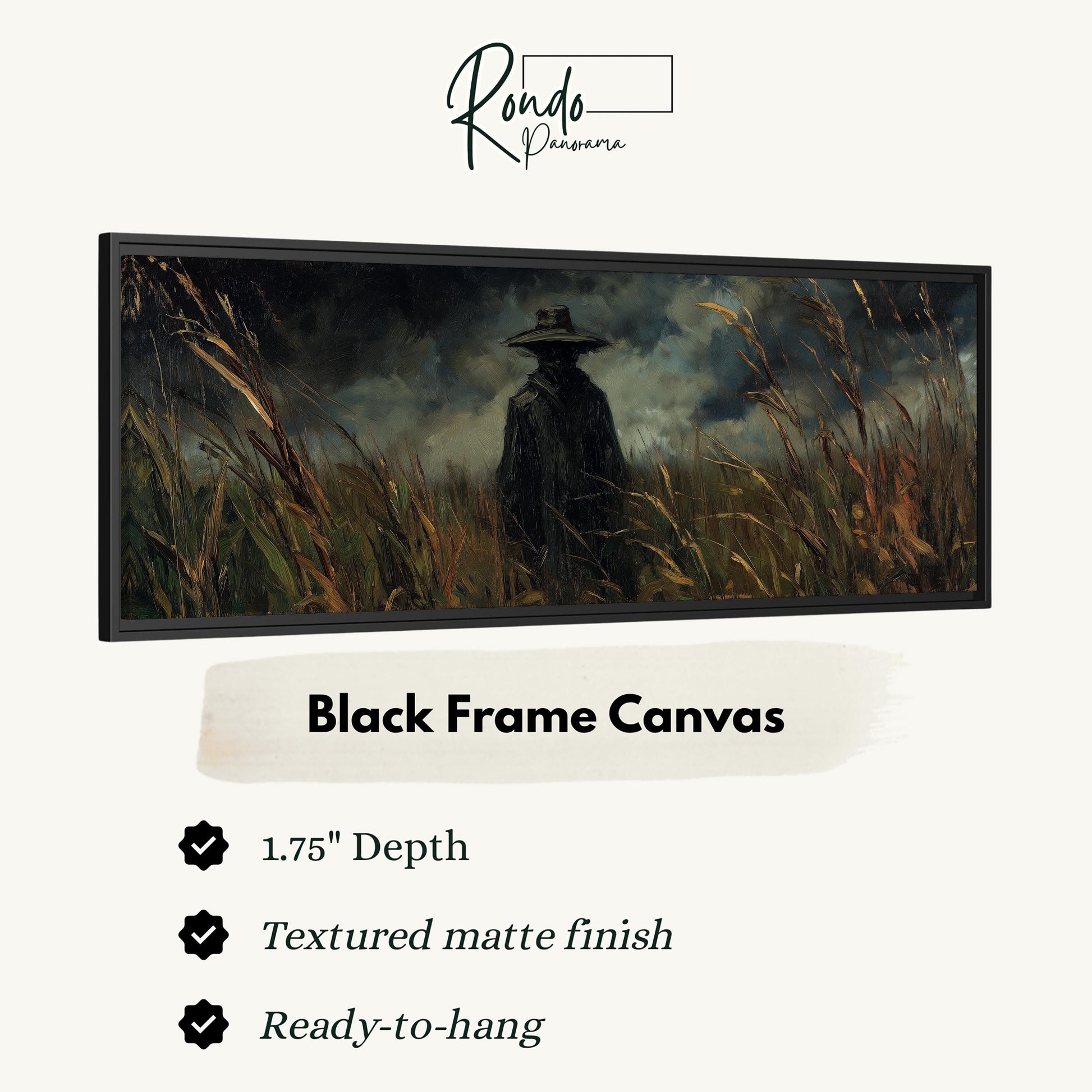 The image is a black frame canvas depicting a person in a field of tall grass.