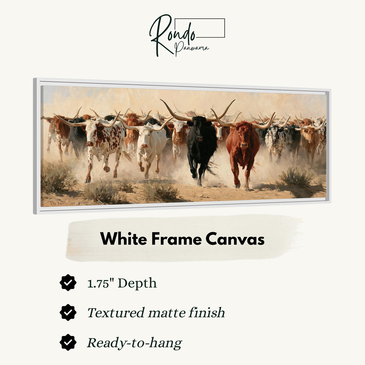 Longhorn cattle stampede canvas print in a white floating frame
