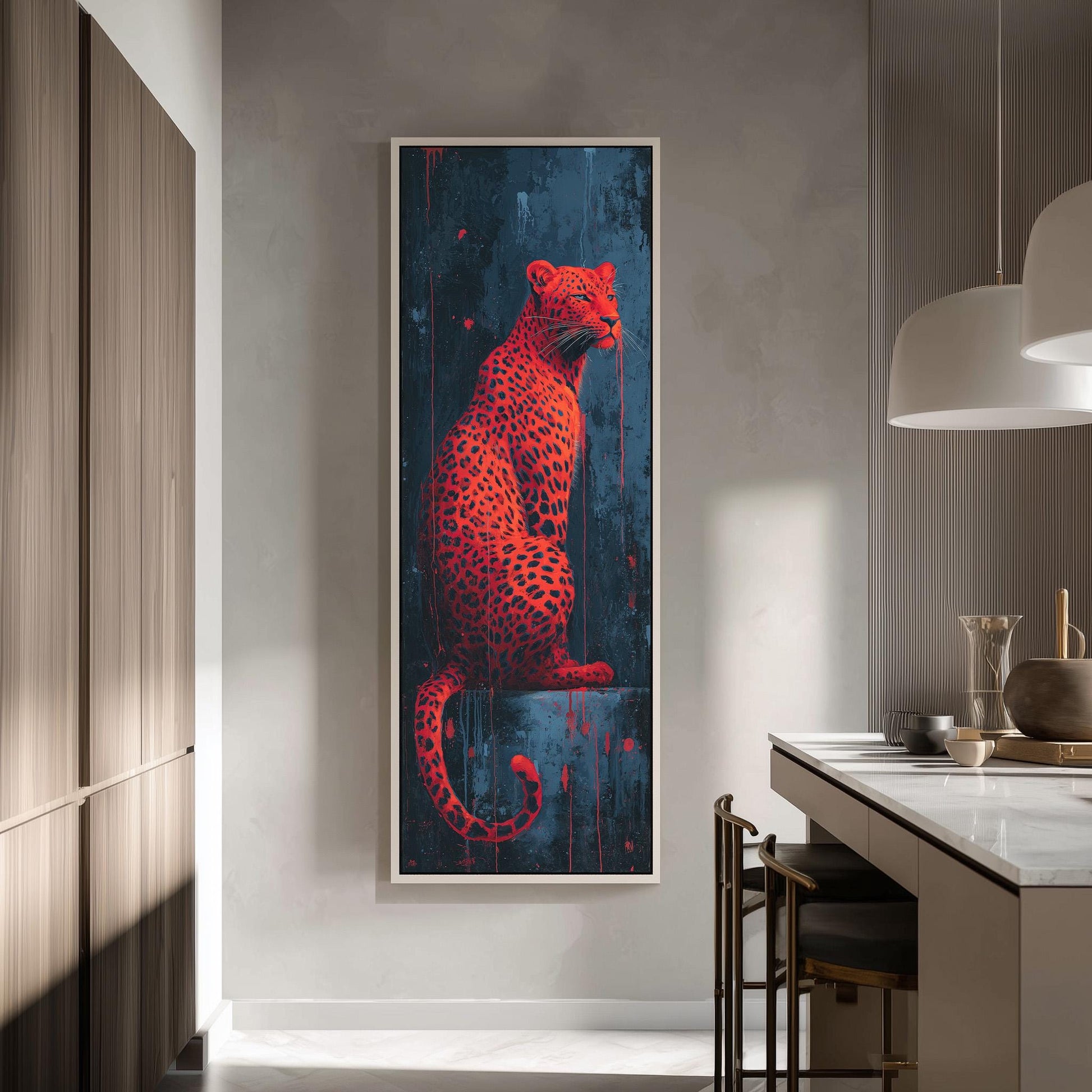 a large, vibrant painting of a leopard in a striking red and black color scheme, hanging on a wall in a modern, minimalist kitchen setting.