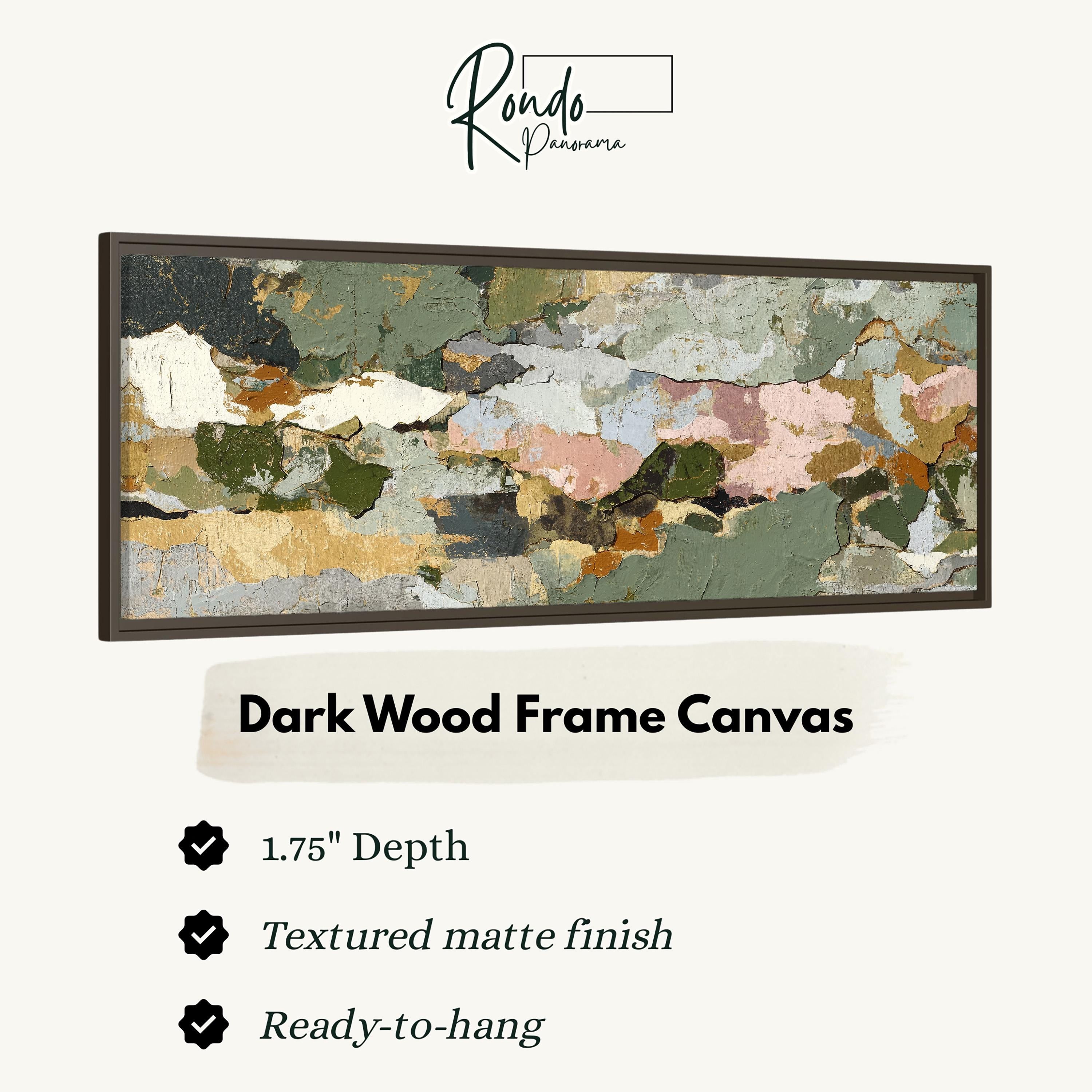 The image is a framed artwork with a dark wood frame. The artwork is a canvas with a textured matte finish and is described as a 1.75" depth canvas. The artwork is ready to hang.