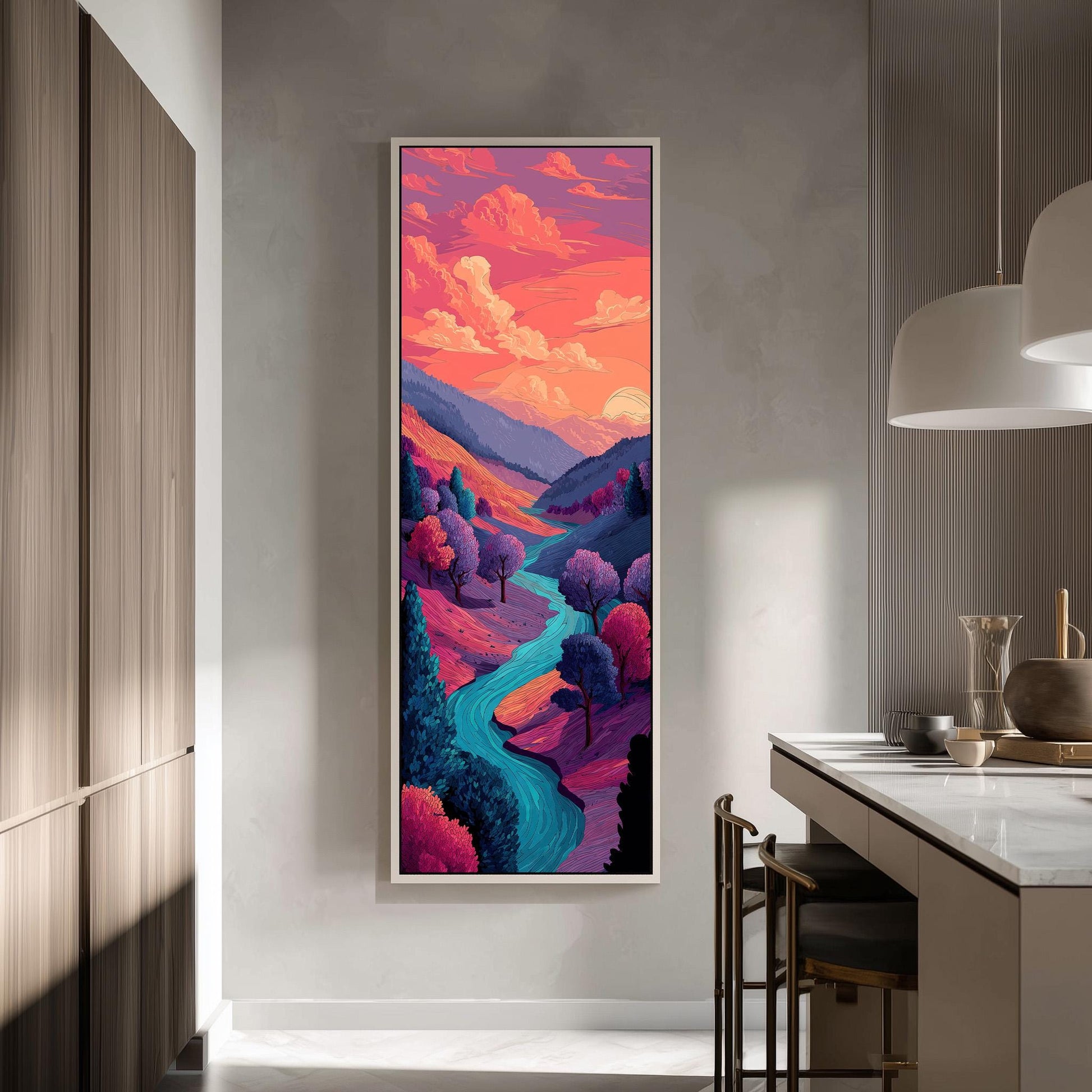 a large, colorful painting of a landscape with a winding river and mountains in the background, hanging on a wall in a modern kitchen.