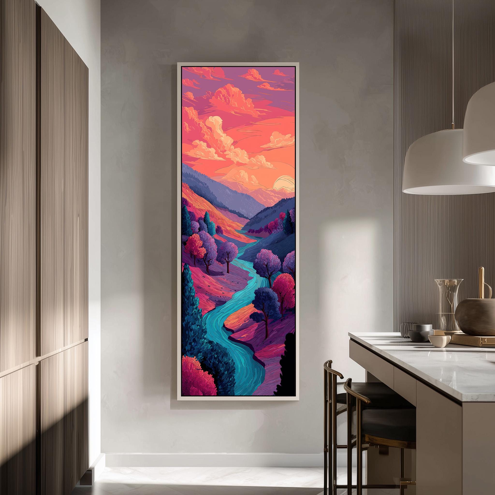 a large, colorful painting of a landscape with a winding river and mountains in the background, hanging on a wall in a modern kitchen.