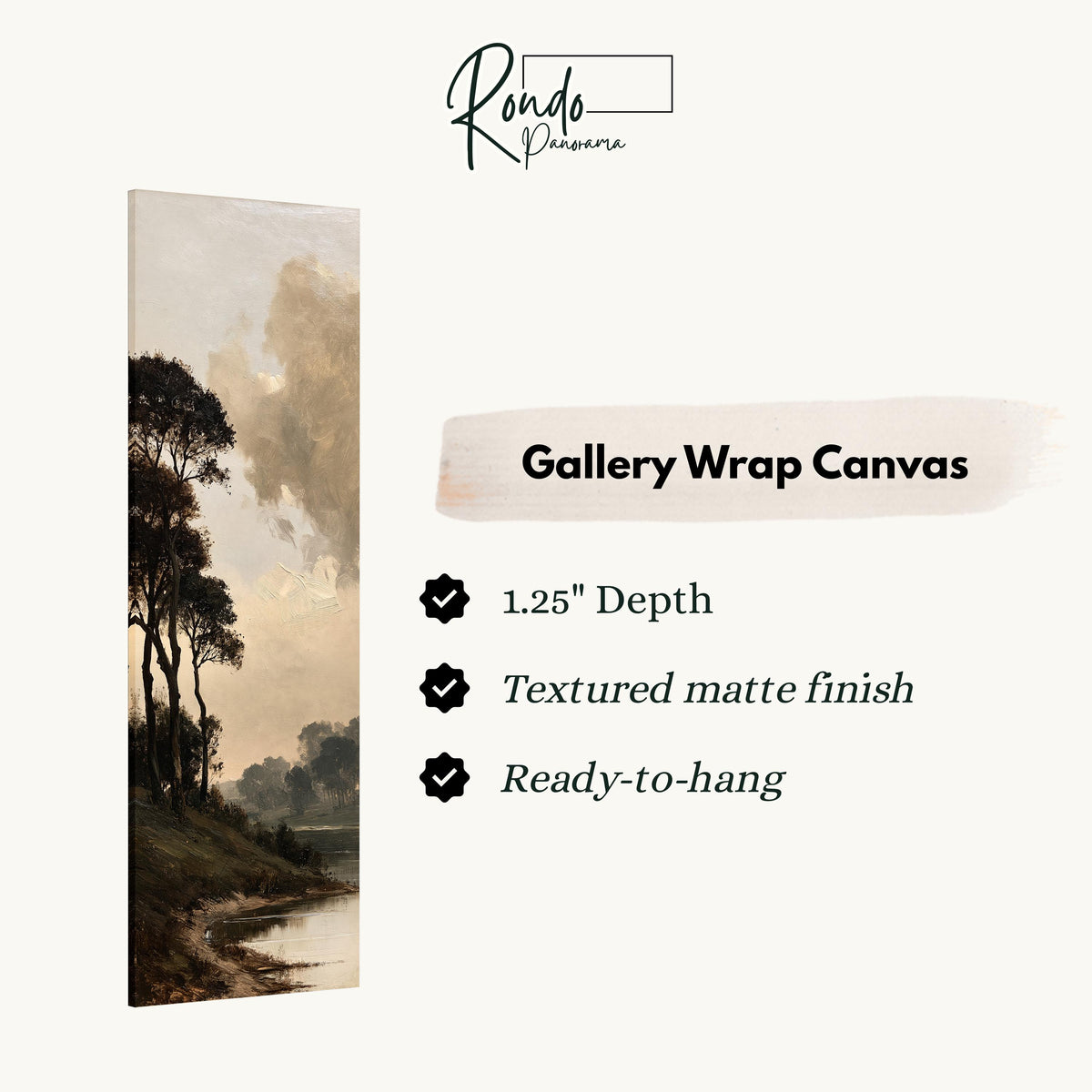 Dark trees by a misty lake in golden brown tones gallery wrap canvas with the image wrapped around the edges