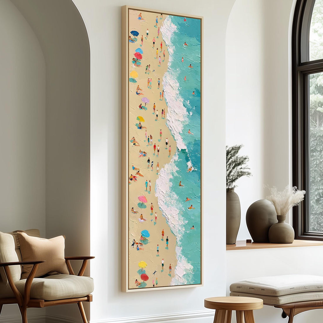Busy beach and turquoise surf from above long vertical canvas print in a sunlit living space