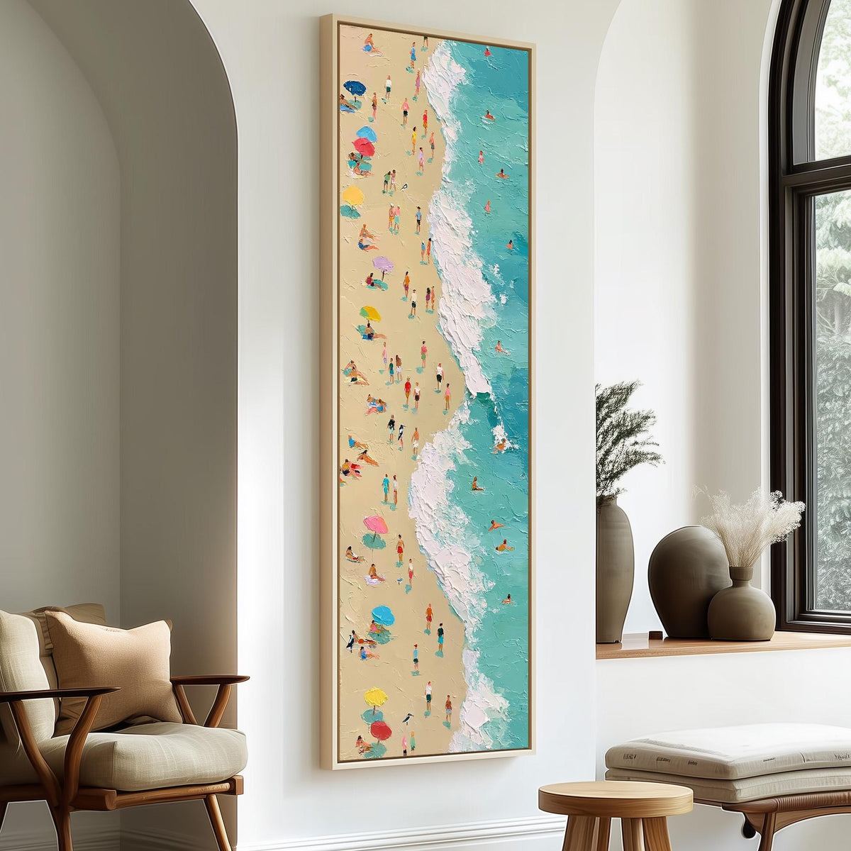 Busy beach and turquoise surf from above long vertical canvas print in a sunlit living space